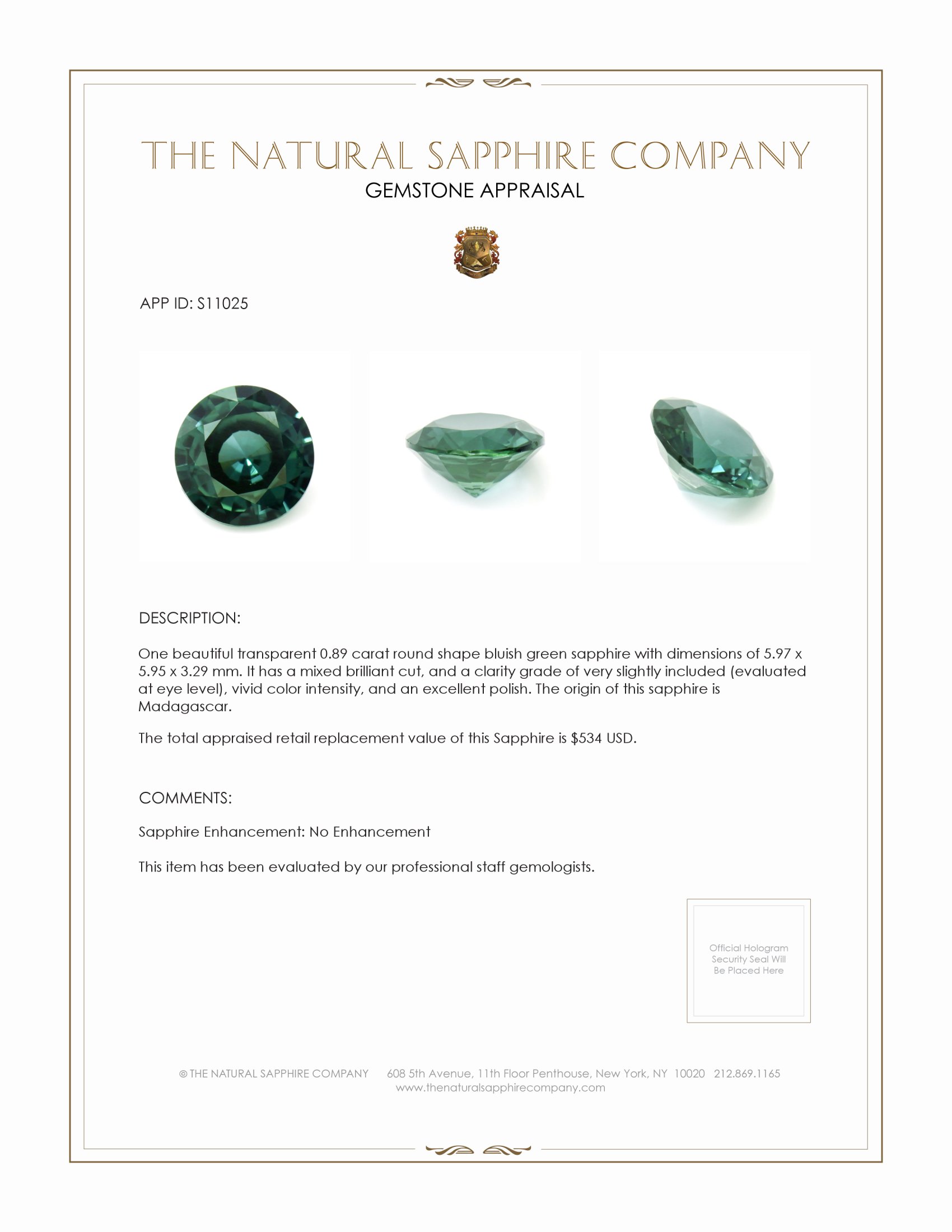 0.89 Ct. Bluish Green Sapphire from Madagascar