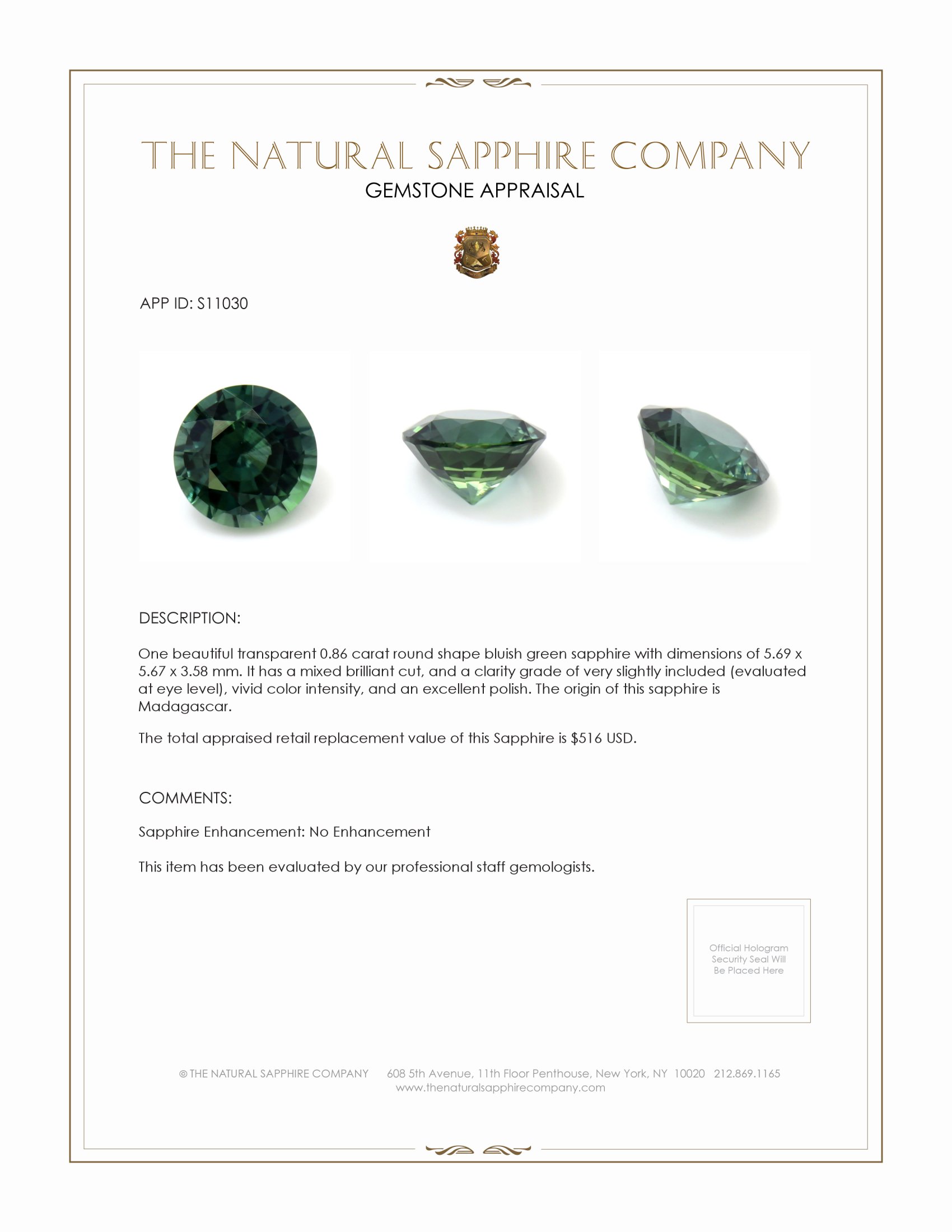 0.86 Ct. Bluish Green Sapphire from Madagascar