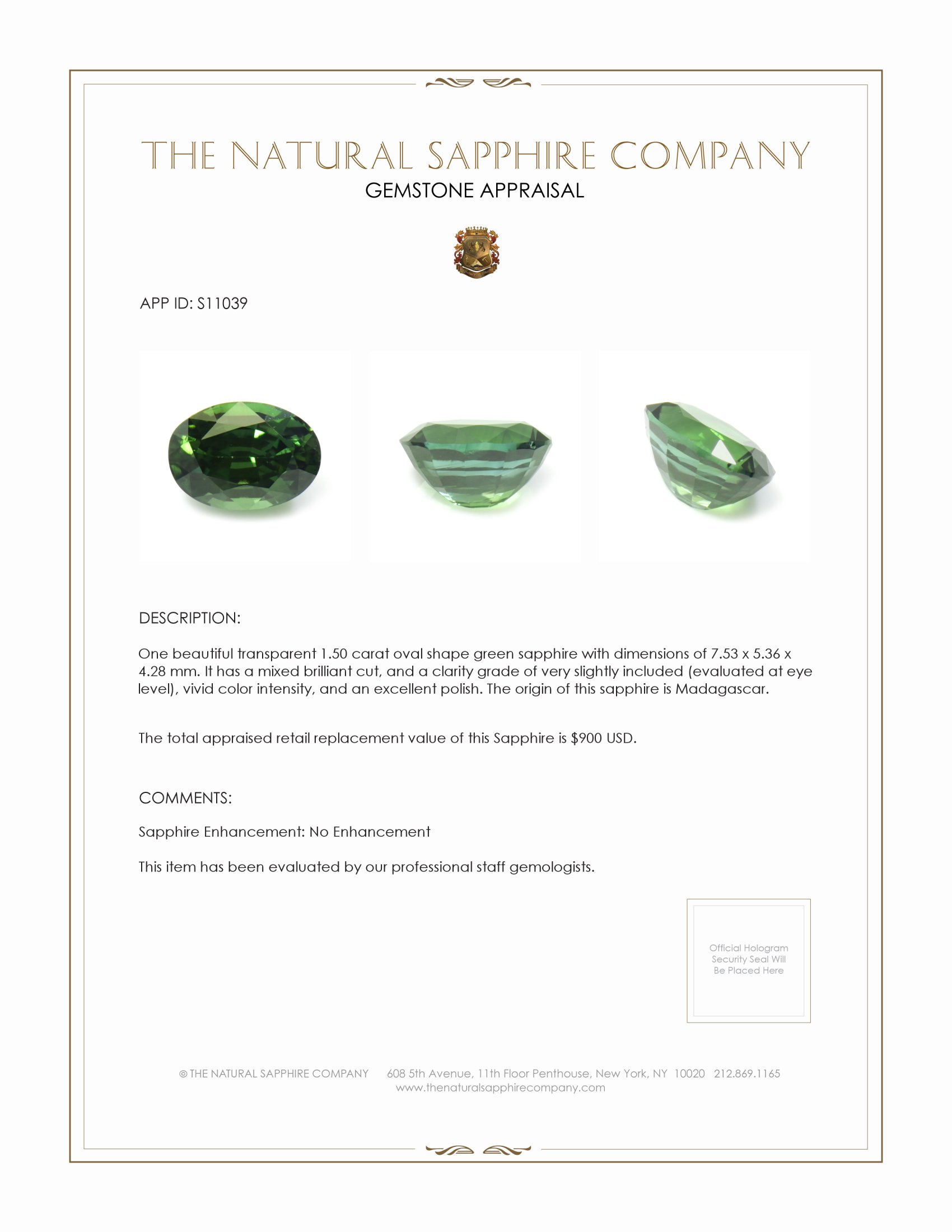 1.50 Ct. Green Sapphire from Madagascar