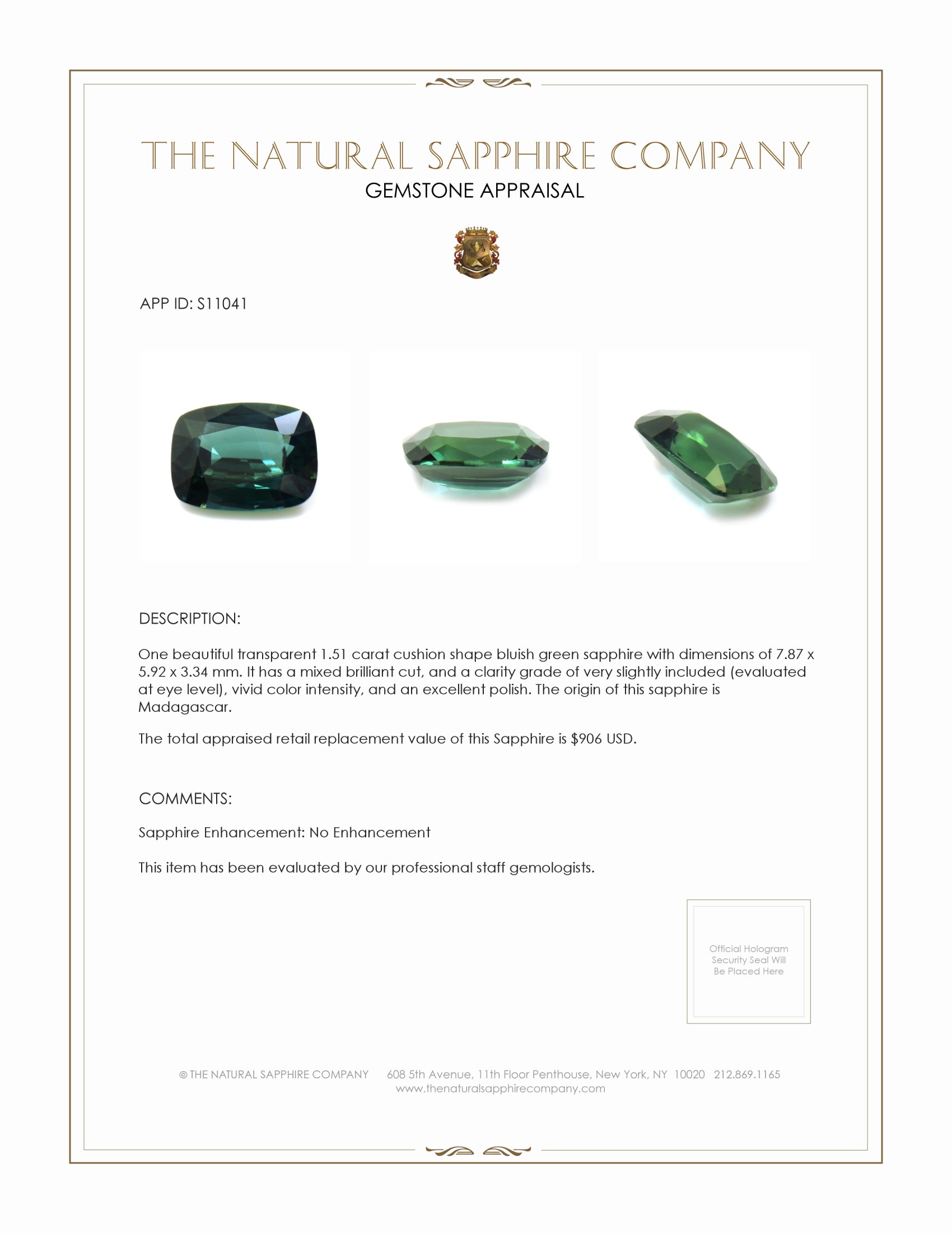 1.51 Ct. Bluish Green Sapphire from Madagascar