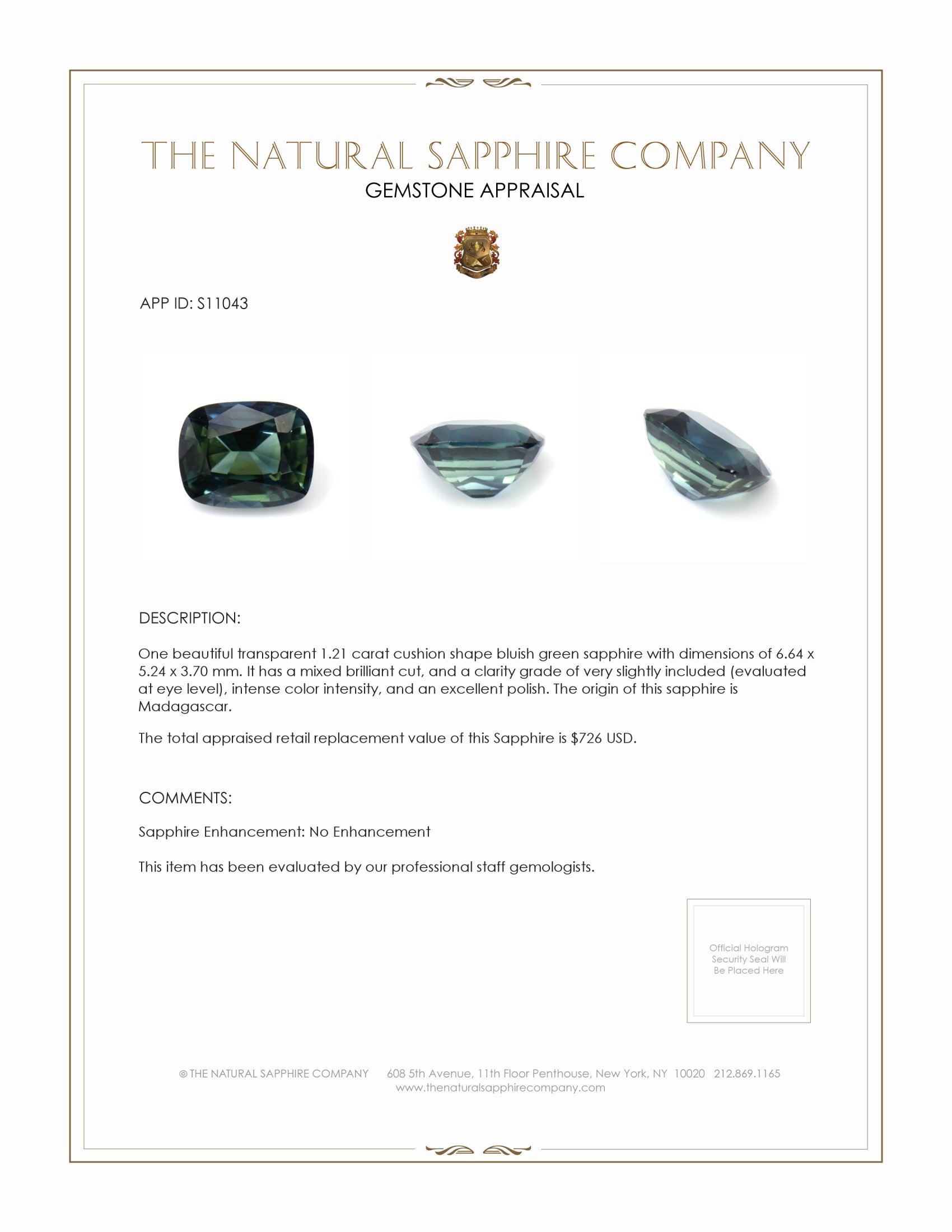 1.21 Ct. Bluish Green Sapphire from Madagascar