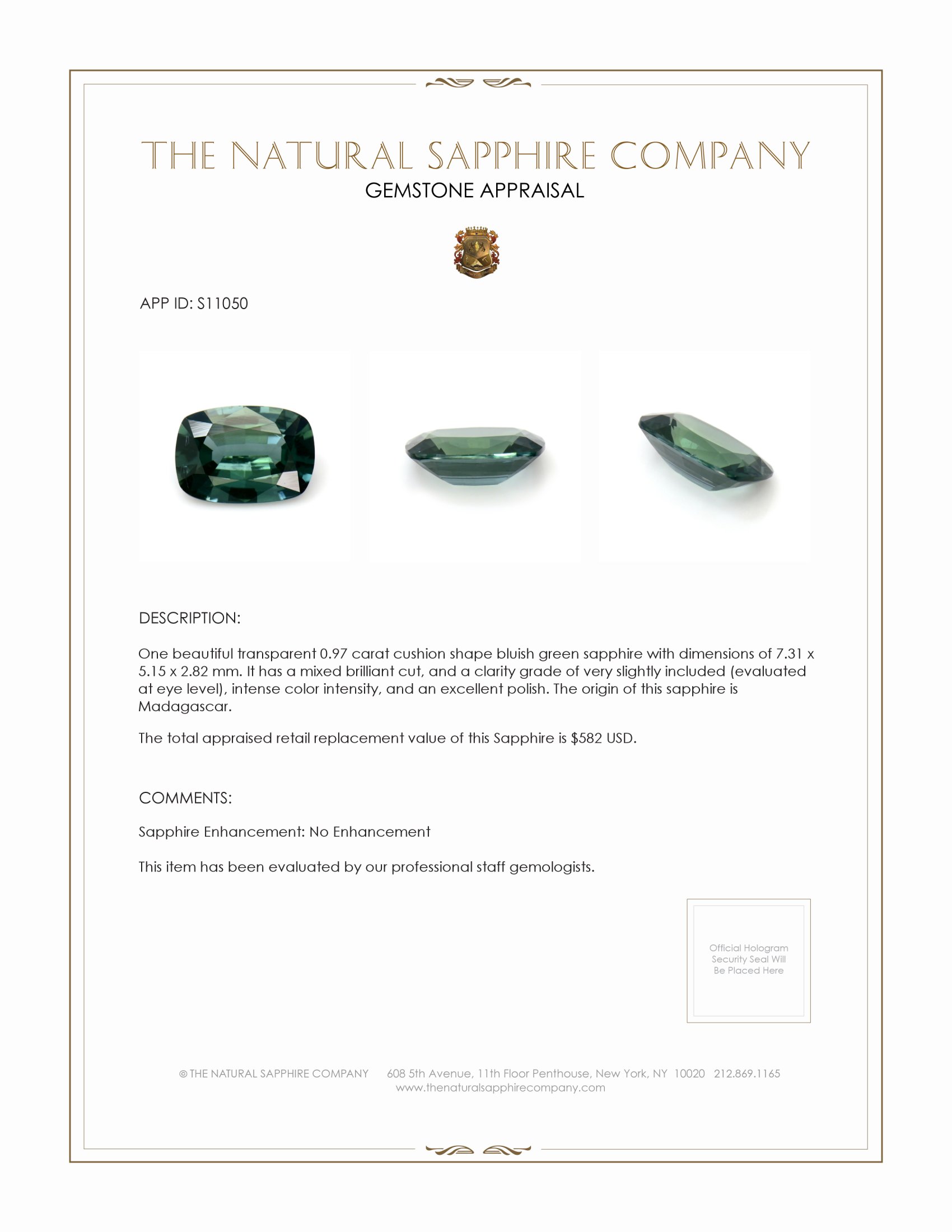 0.97 Ct. Bluish Green Sapphire from Madagascar
