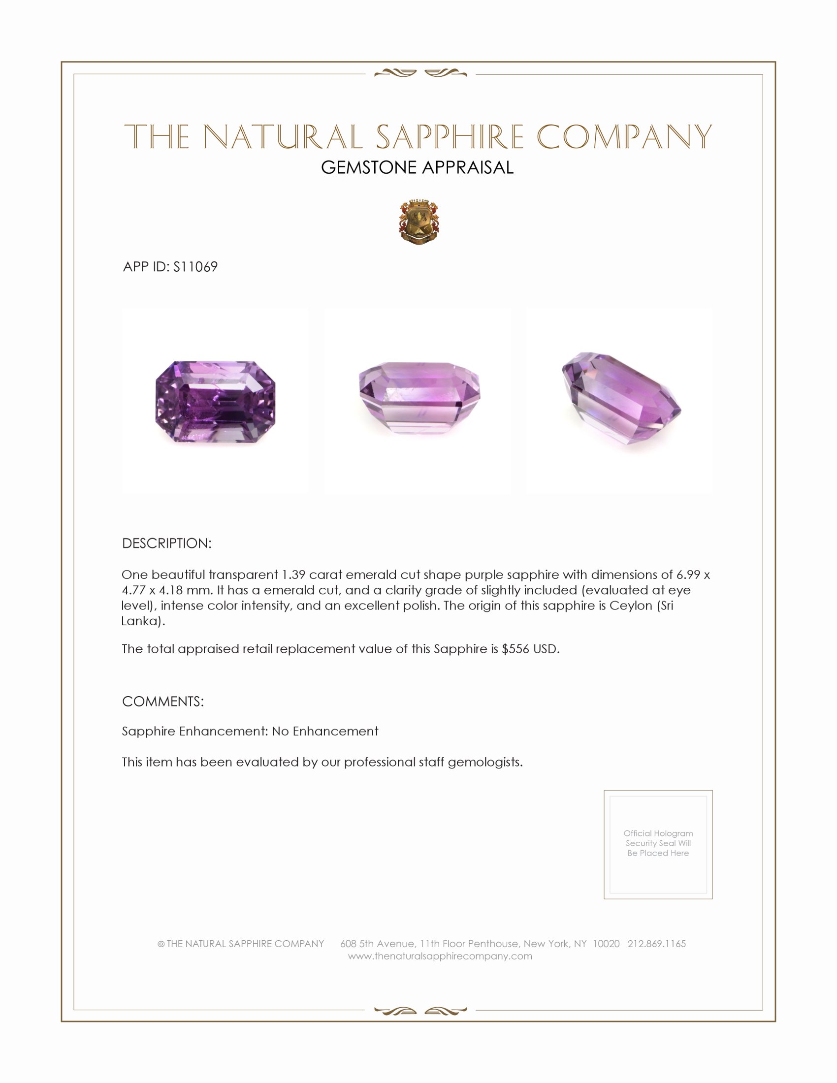 1.39 Ct. Purple Sapphire from Ceylon (Sri Lanka)
