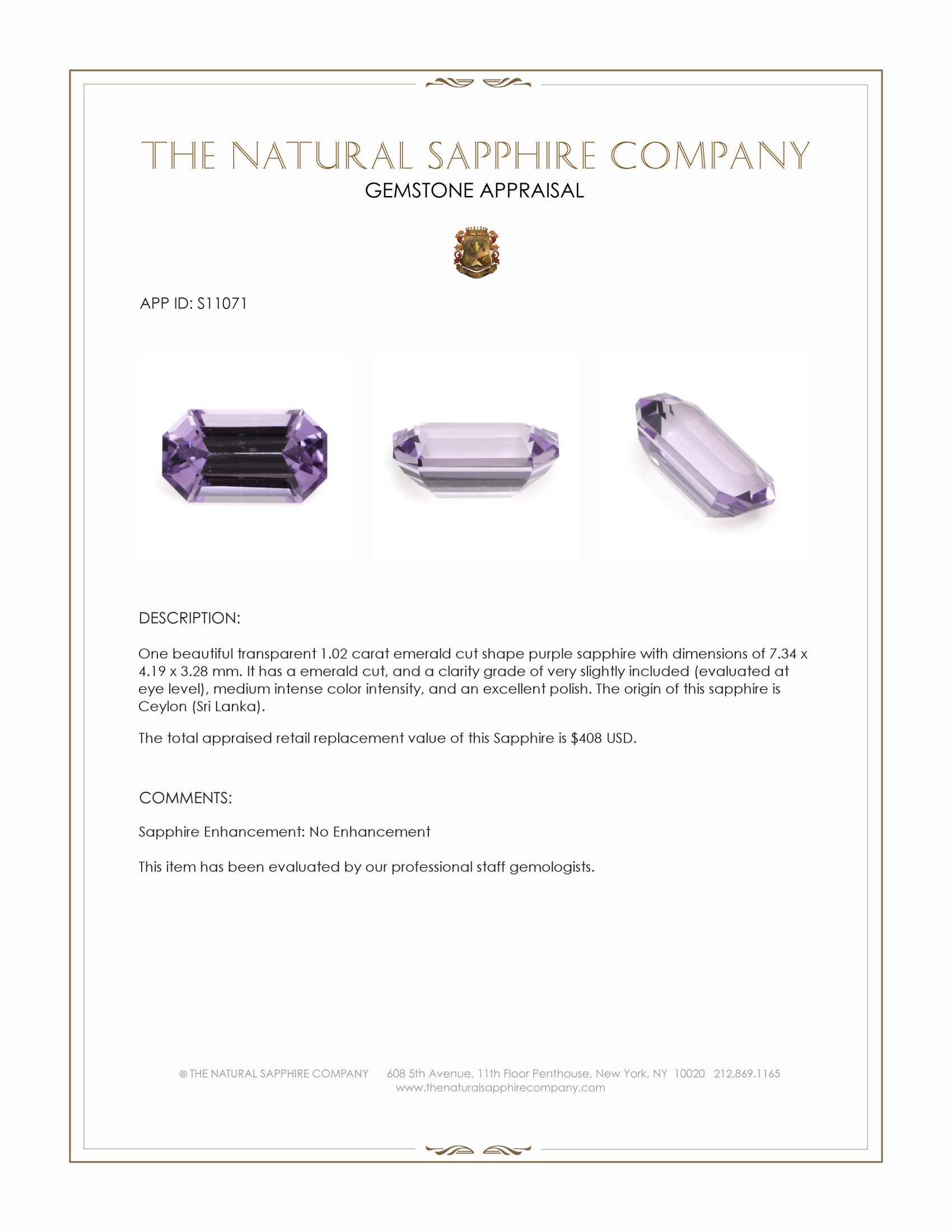 1.02 Ct. Purple Sapphire from Ceylon (Sri Lanka)