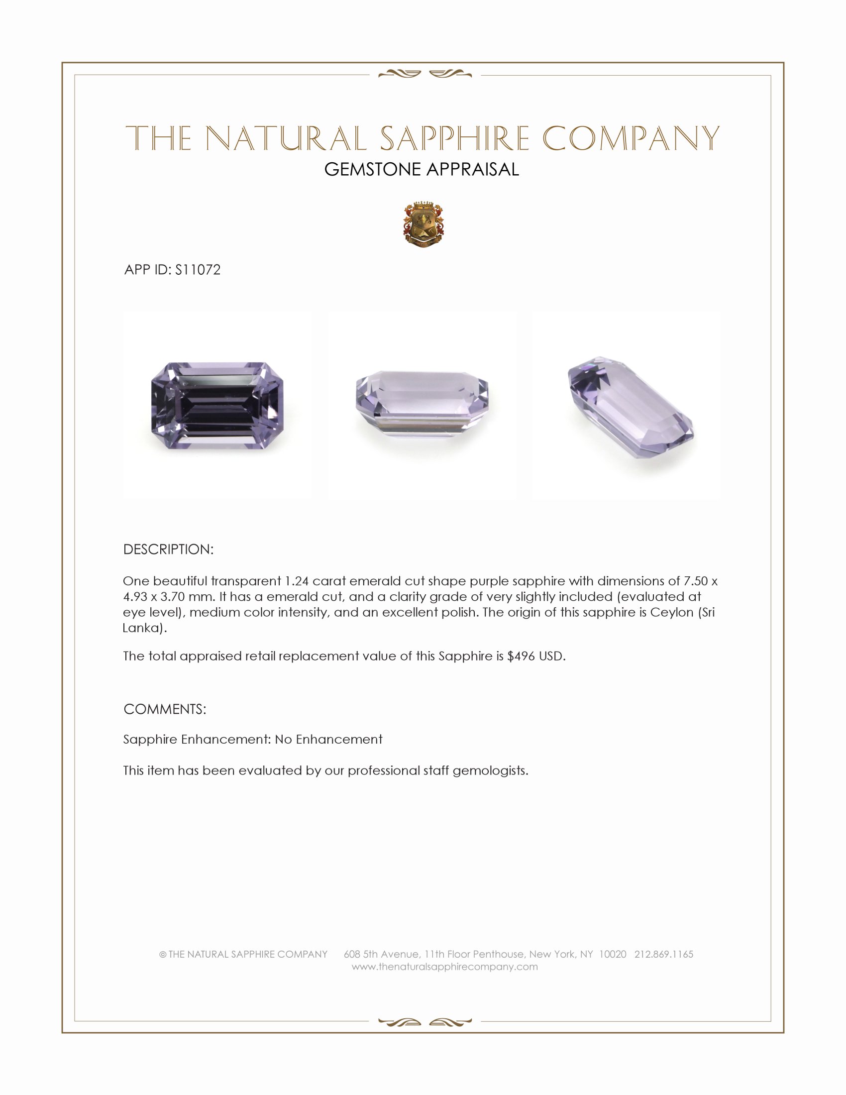 1.24 Ct. Purple Sapphire from Ceylon (Sri Lanka)