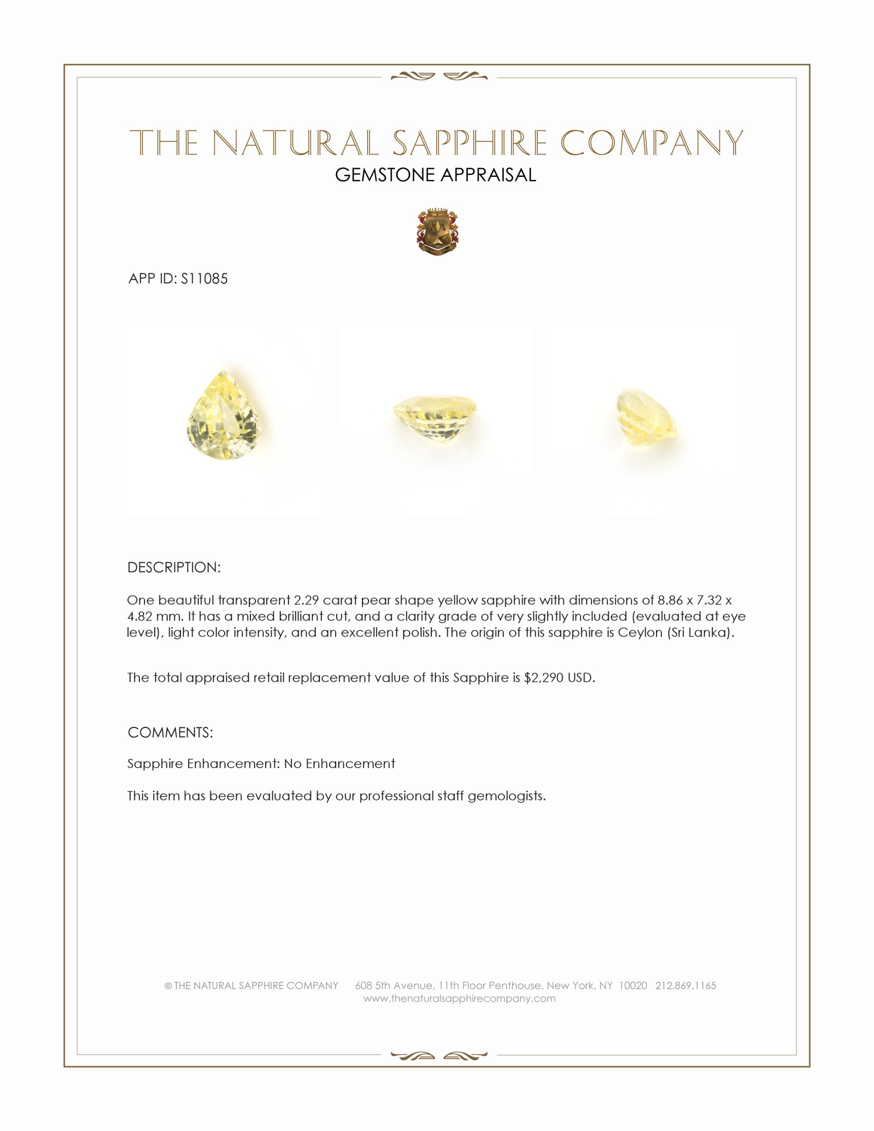 2.29 Ct. Yellow Sapphire from Ceylon (Sri Lanka)