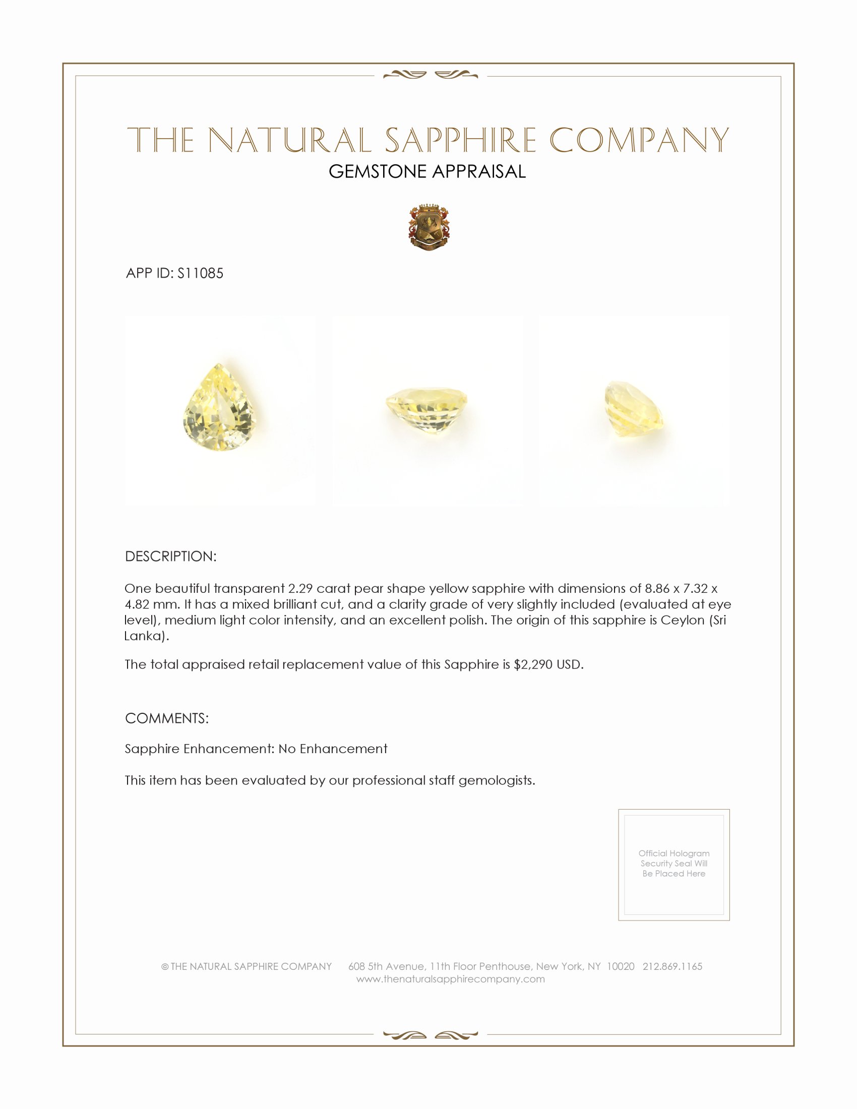 2.29 Ct. Yellow Sapphire from Ceylon (Sri Lanka)