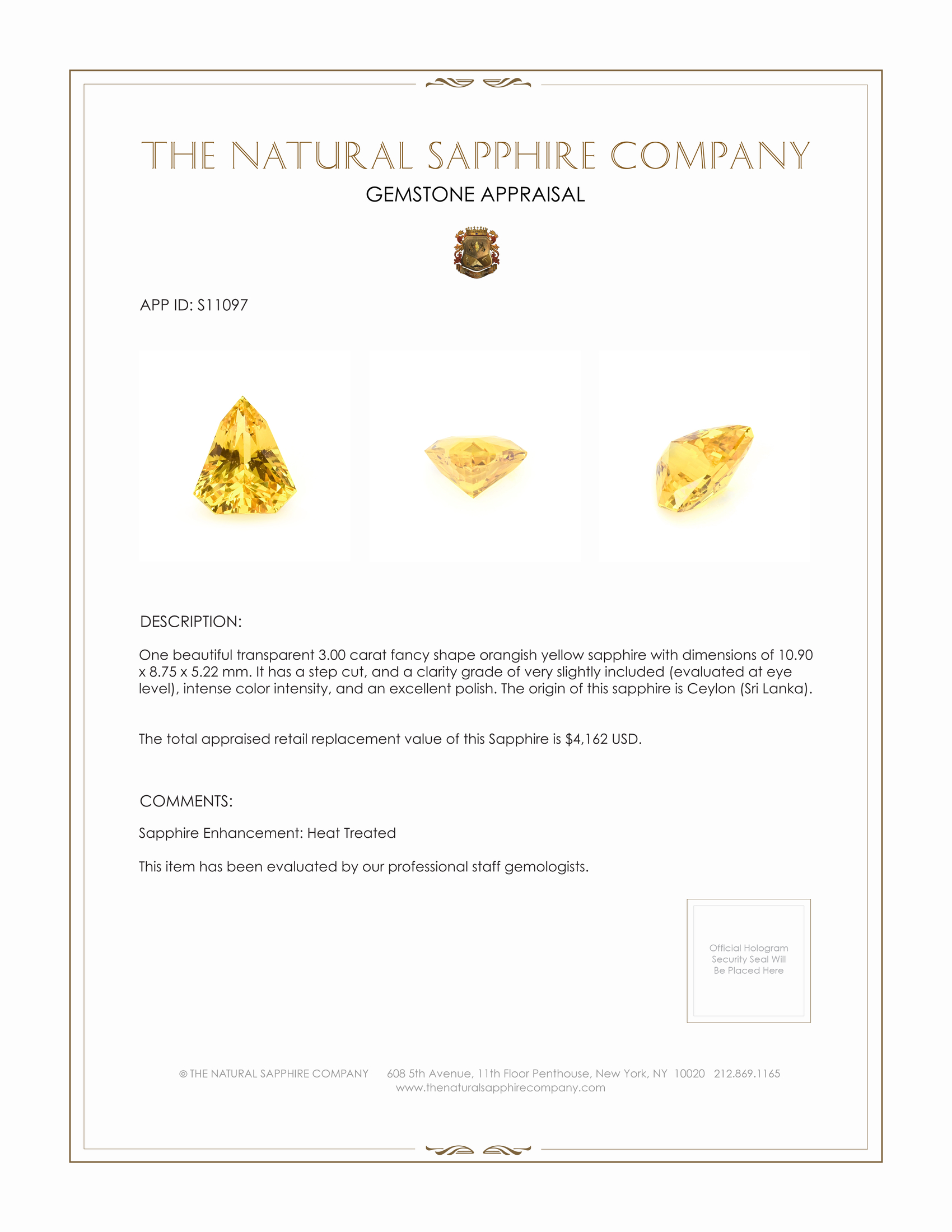 3.00 Ct. Orangish Yellow Sapphire from Ceylon (Sri Lanka)