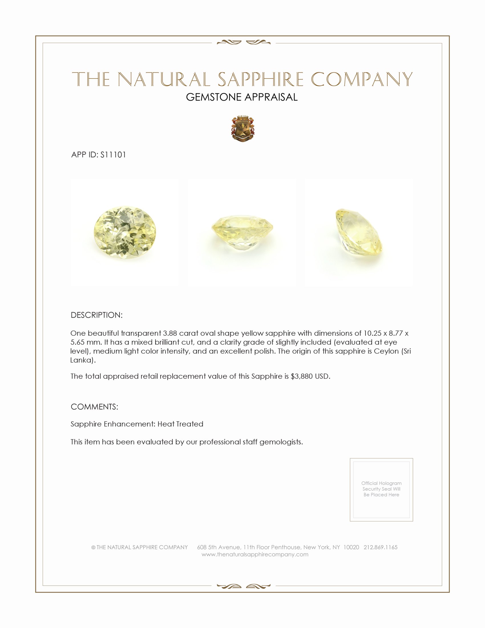 3.88 Ct. Yellow Sapphire from Ceylon (Sri Lanka)