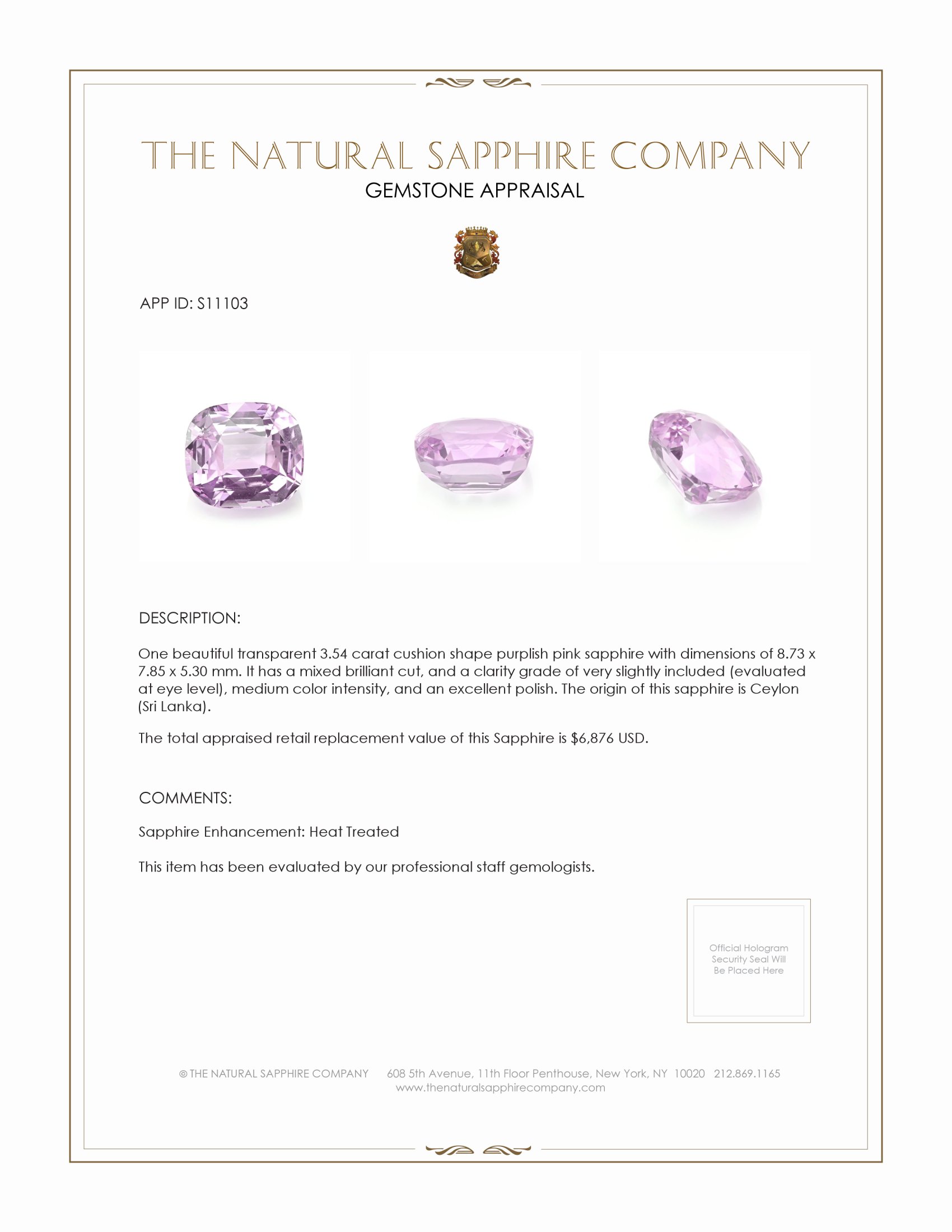 3.54 Ct. Purplish Pink Sapphire from Ceylon (Sri Lanka)
