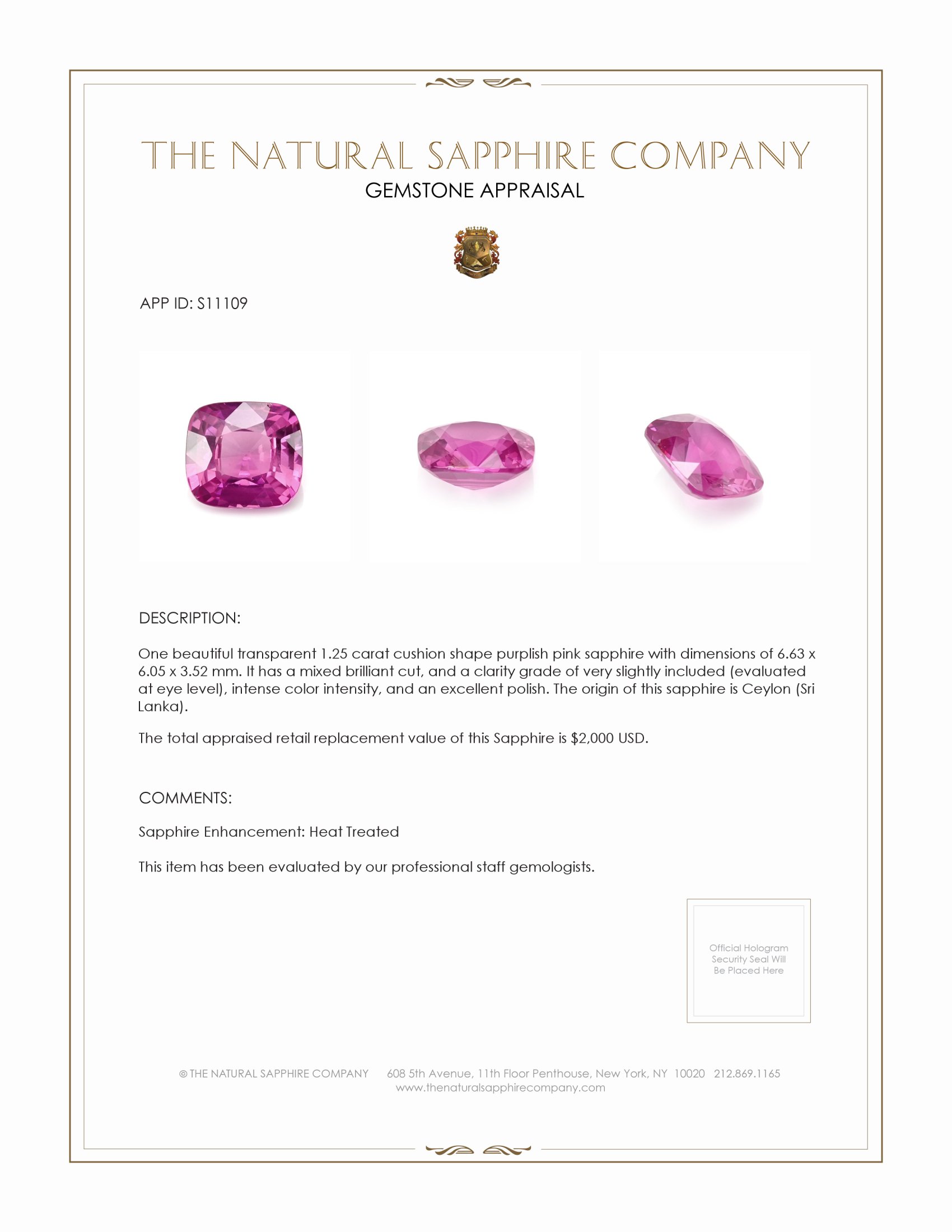 1.25 Ct. Purplish Pink Sapphire from Ceylon (Sri Lanka)
