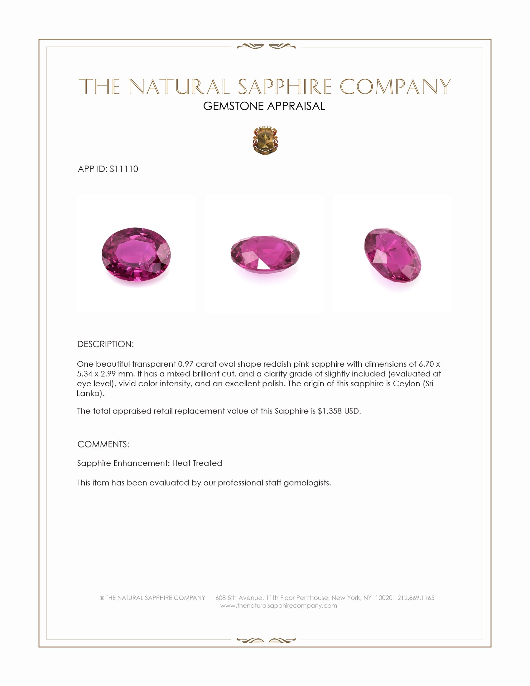 0.97 Ct. Reddish Pink Sapphire from Ceylon (Sri Lanka)