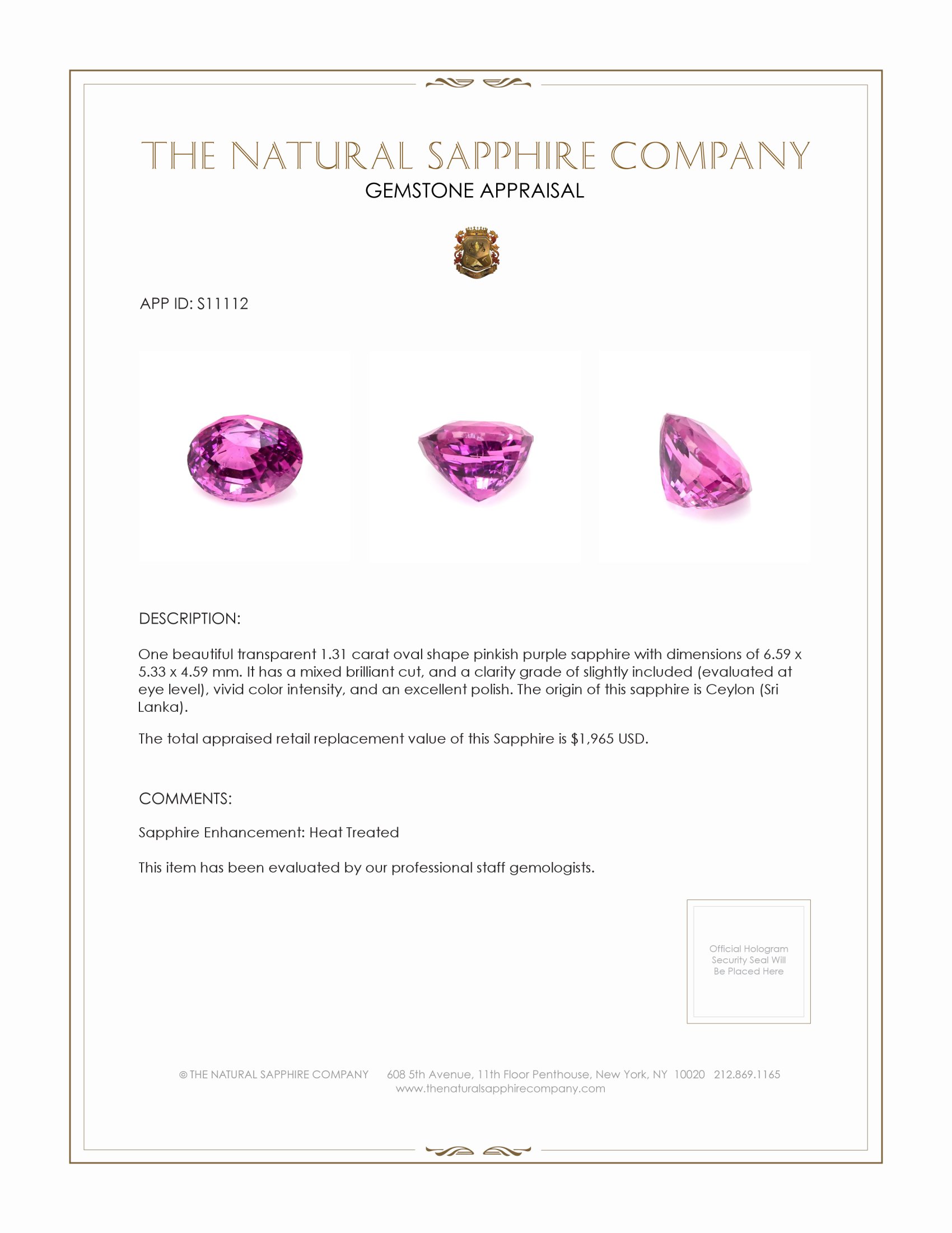 1.31 Ct. Purplish Pink Sapphire from Ceylon (Sri Lanka)