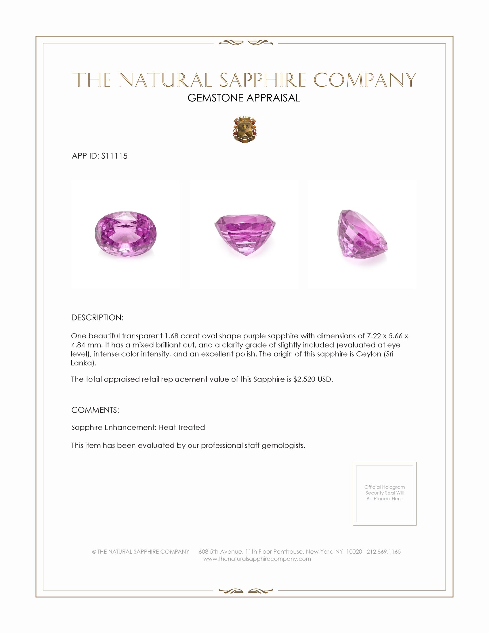 1.68 Ct. Purple Sapphire from Ceylon (Sri Lanka)