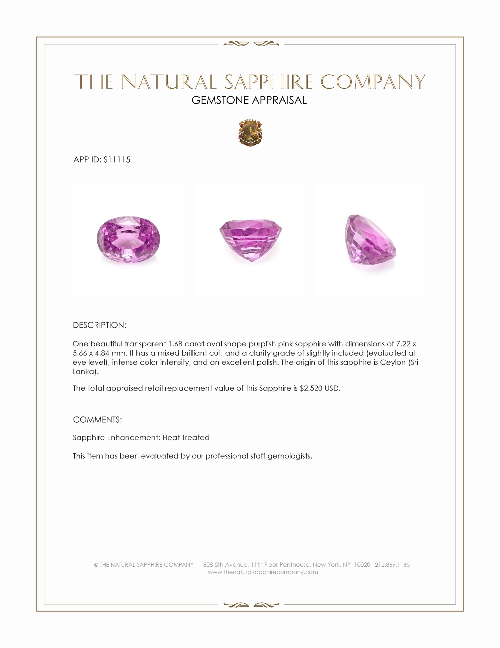 1.68 Ct. Purplish Pink Sapphire from Ceylon (Sri Lanka)