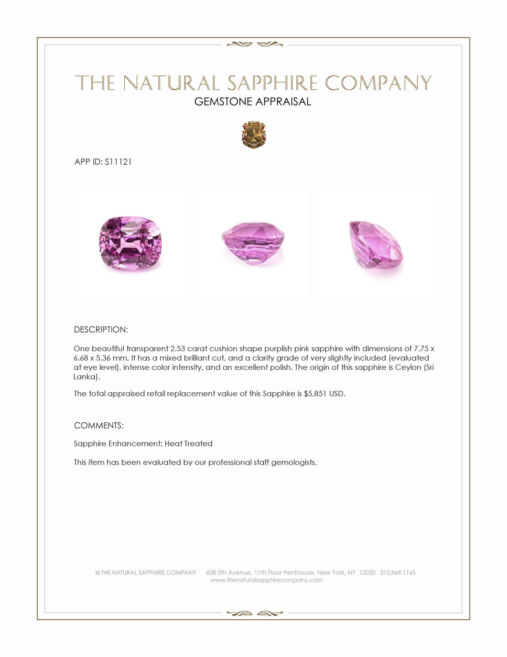 2.53 Ct. Purplish Pink Sapphire from Ceylon (Sri Lanka)