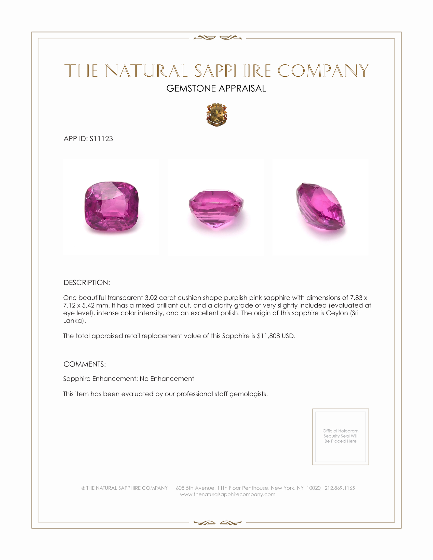 3.02 Ct. Purplish Pink Sapphire from Ceylon (Sri Lanka)