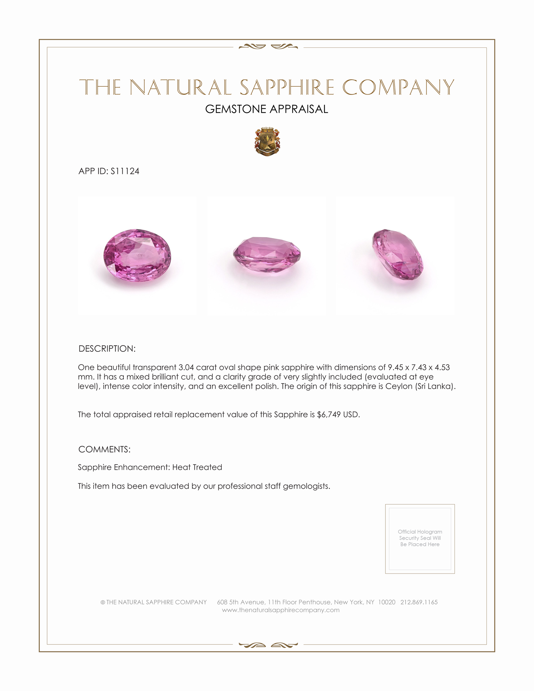 3.04 Ct. Pink Sapphire from Ceylon (Sri Lanka)