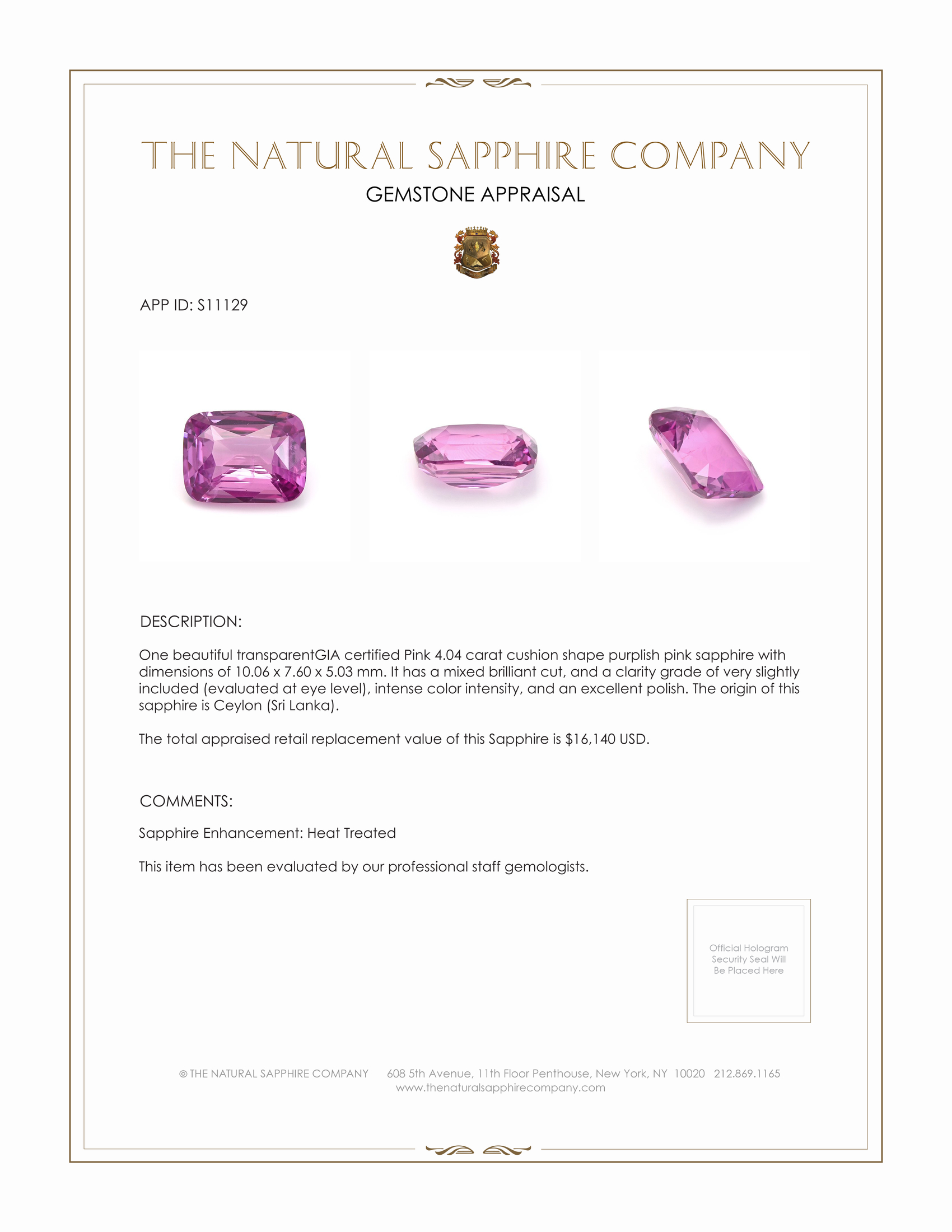 4.04 Ct. Purplish Pink Sapphire from Ceylon (Sri Lanka)