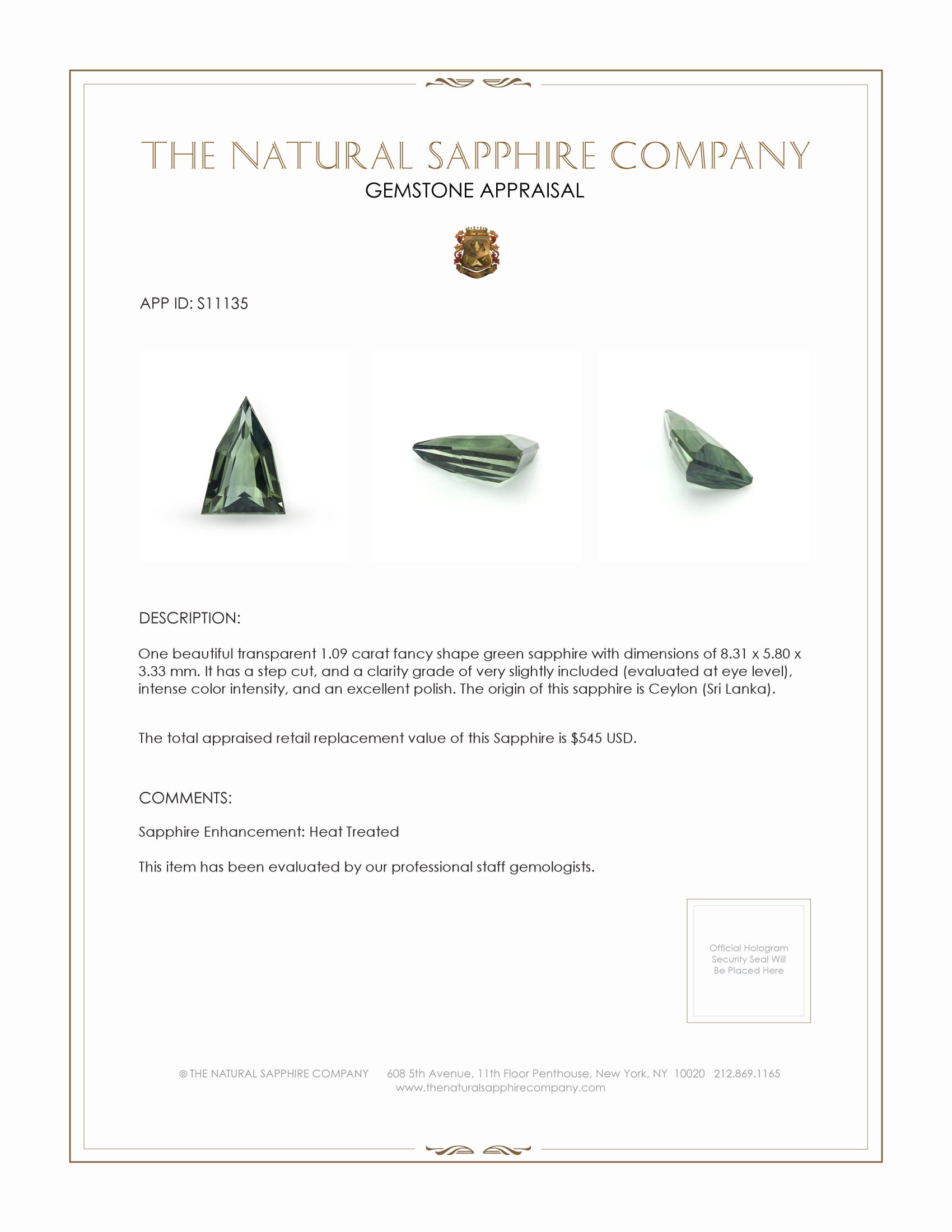 1.09 Ct. Green Sapphire from Ceylon (Sri Lanka)