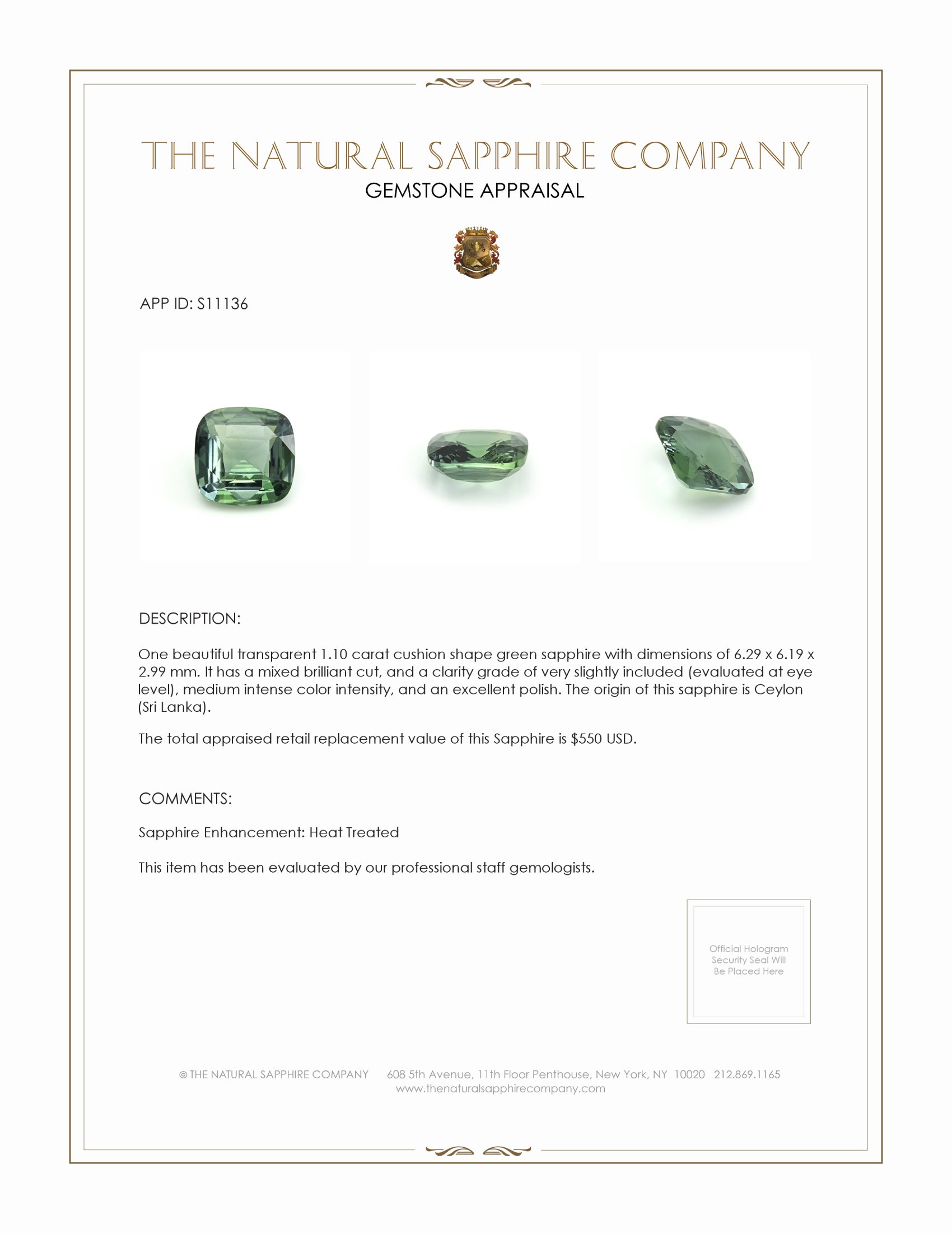 1.10 Ct. Green Sapphire from Ceylon (Sri Lanka)