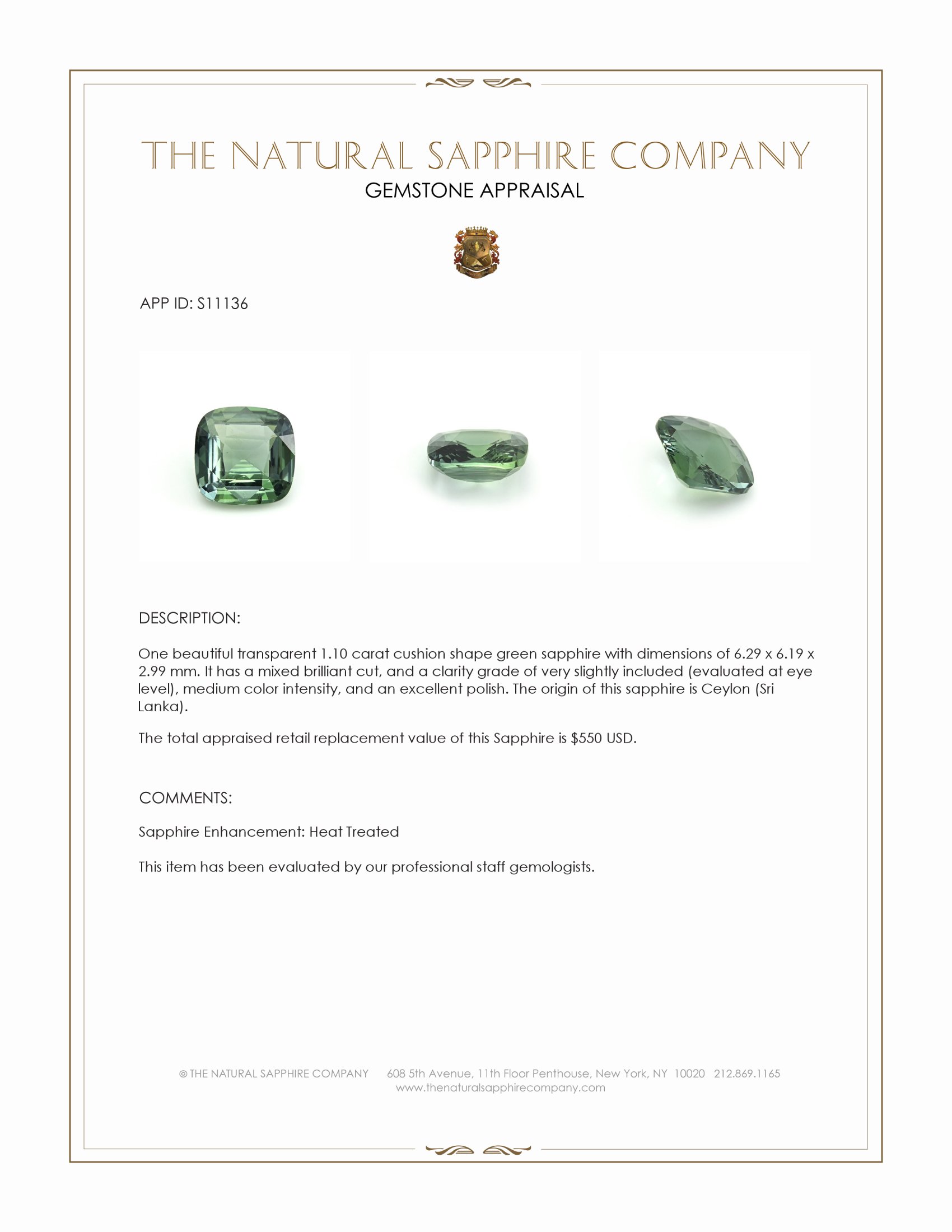 1.10 Ct. Green Sapphire from Ceylon (Sri Lanka)