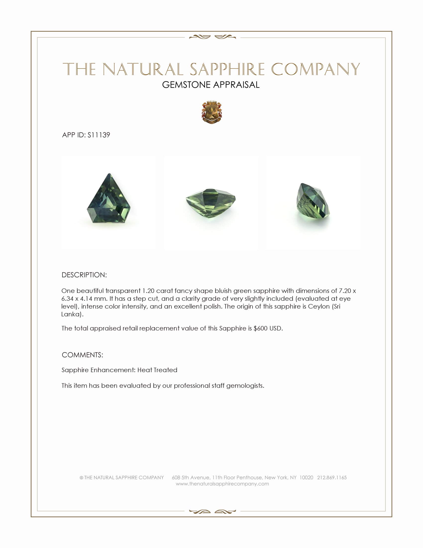 1.20 Ct. Bluish Green Sapphire from Ceylon (Sri Lanka)