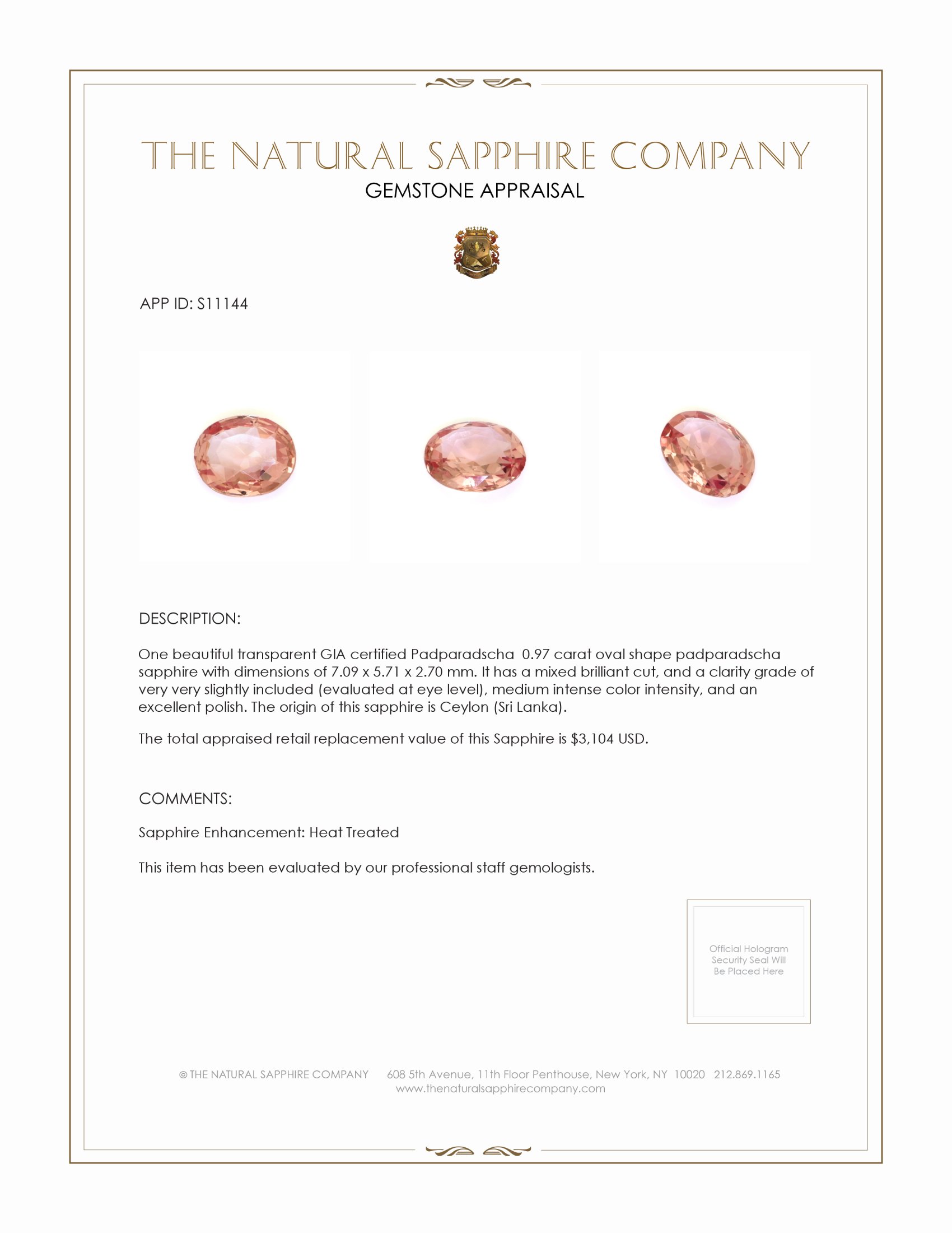 0.97 Ct. Padparadscha Sapphire from Ceylon (Sri Lanka)