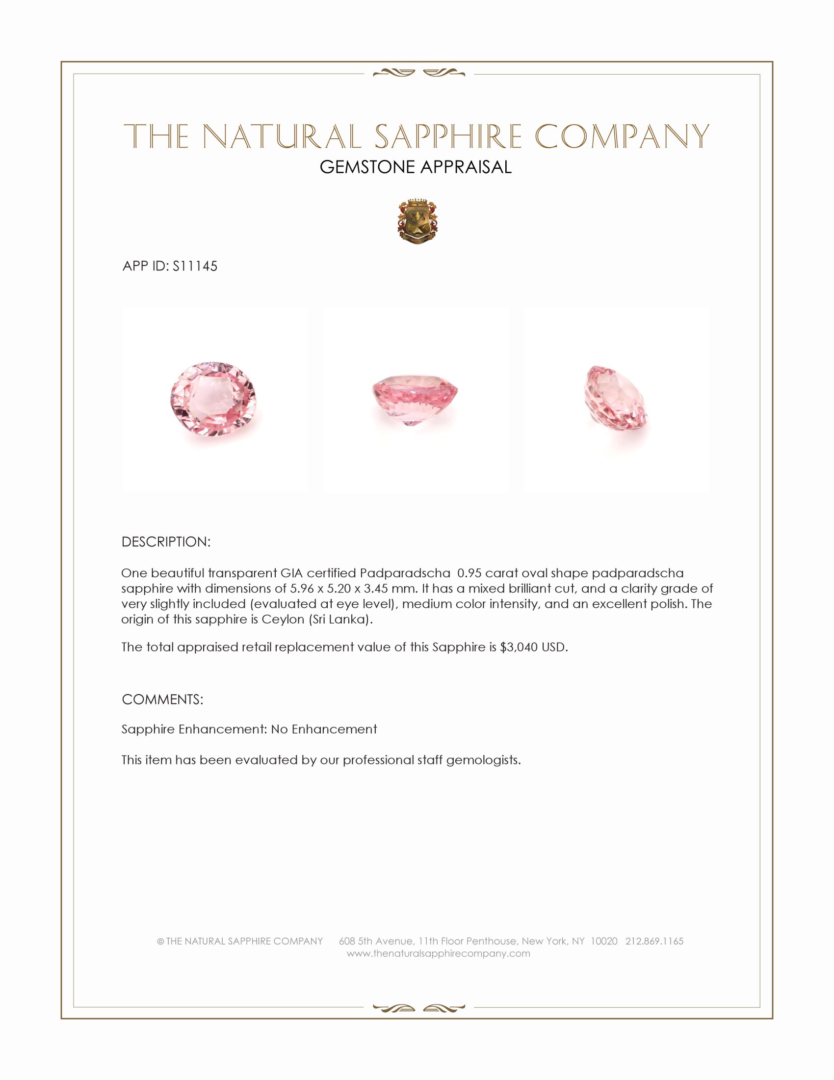 0.95 Ct. Padparadscha Sapphire from Ceylon (Sri Lanka)