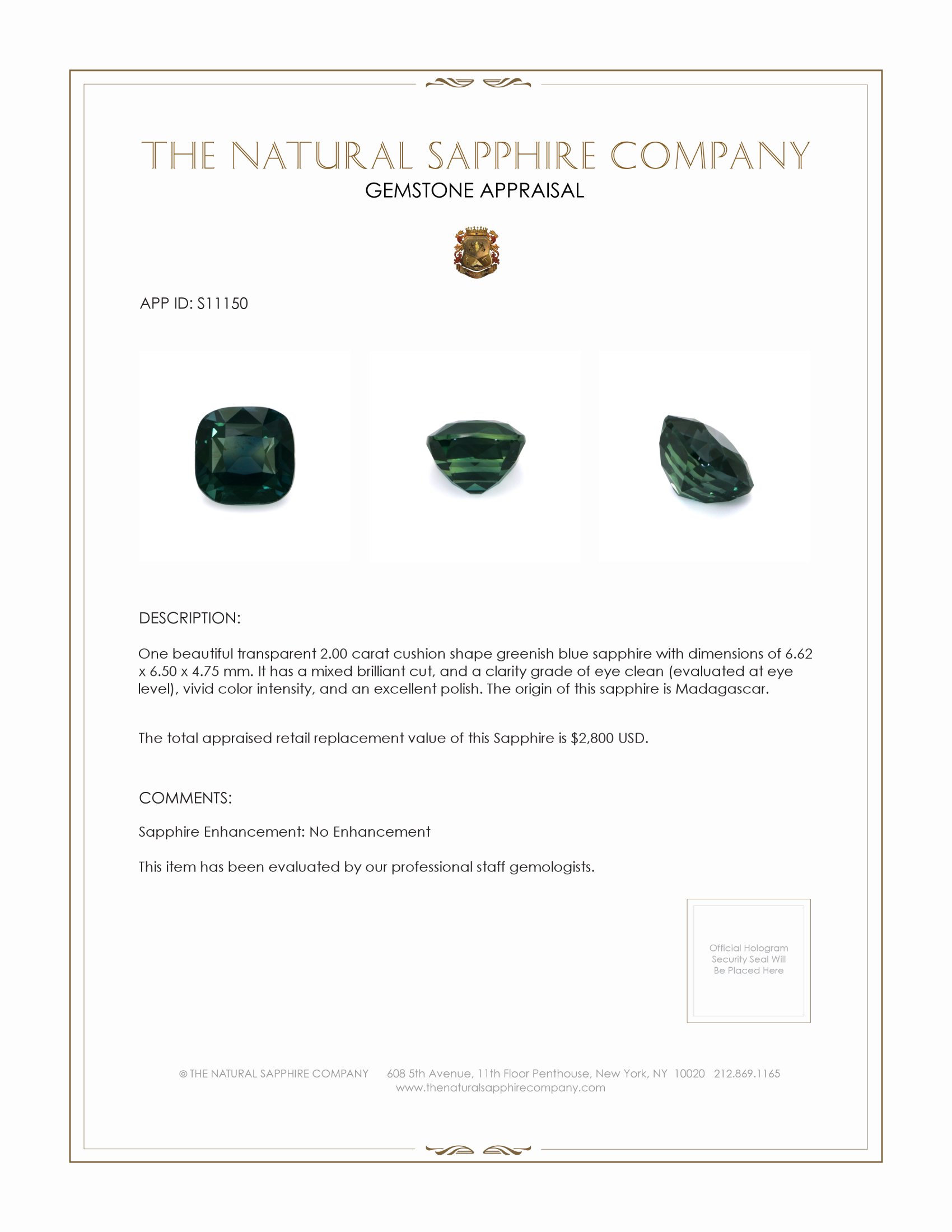 2.00 Ct. Greenish Blue Sapphire from Madagascar