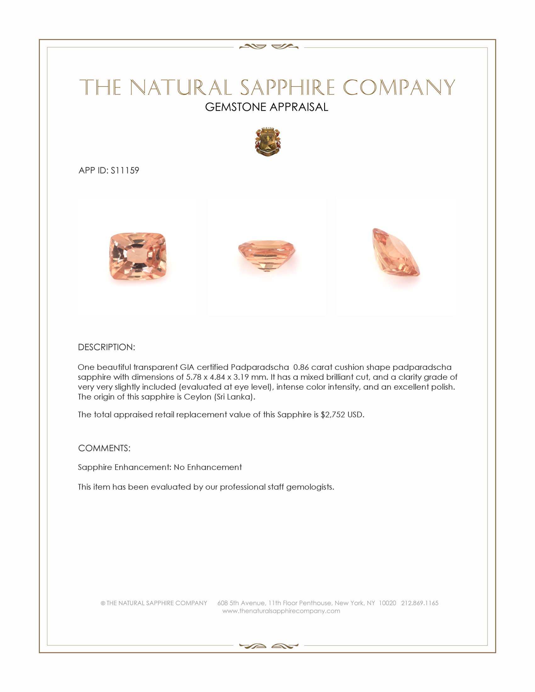 0.86 Ct. Padparadscha Sapphire from Ceylon (Sri Lanka)