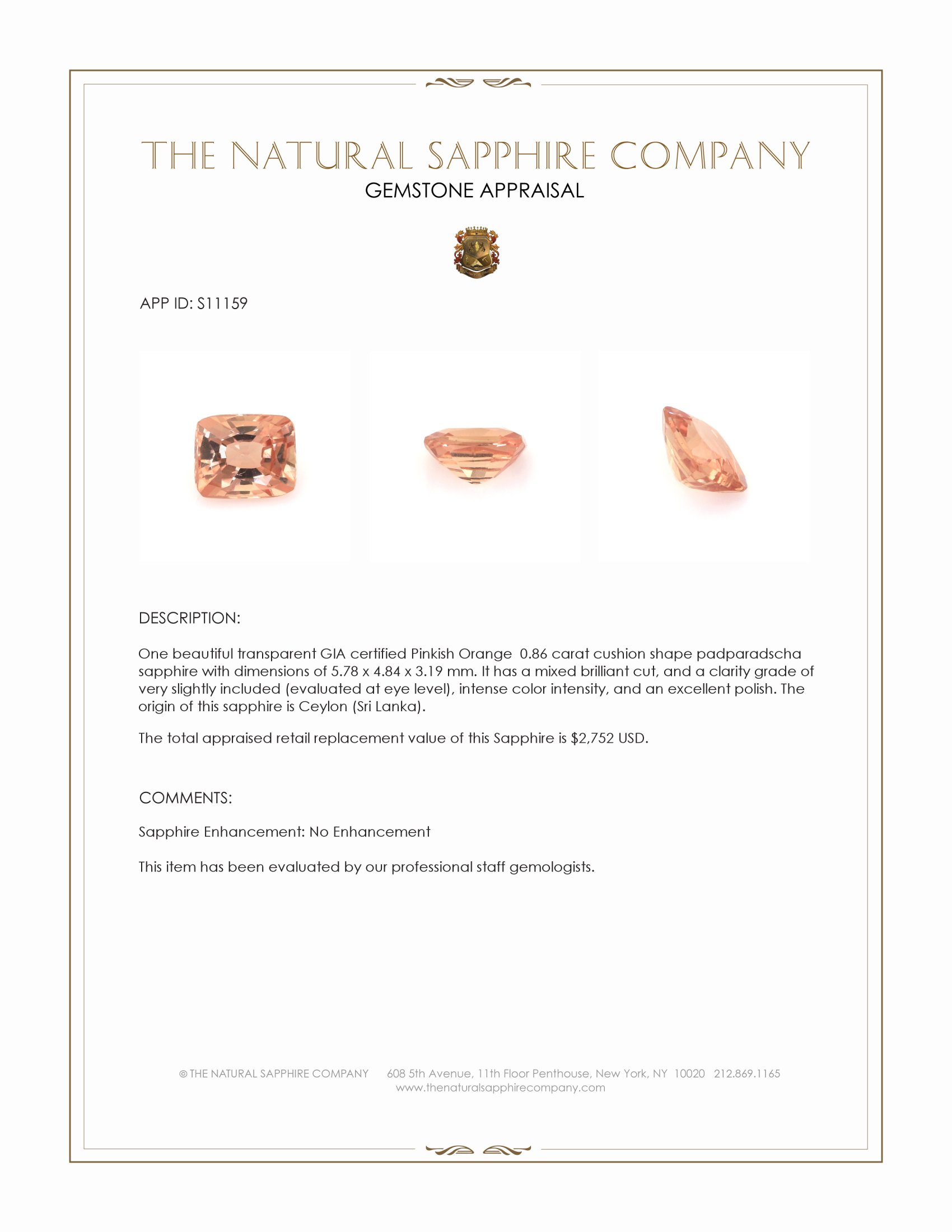 0.86 Ct. Padparadscha Sapphire from Ceylon (Sri Lanka)