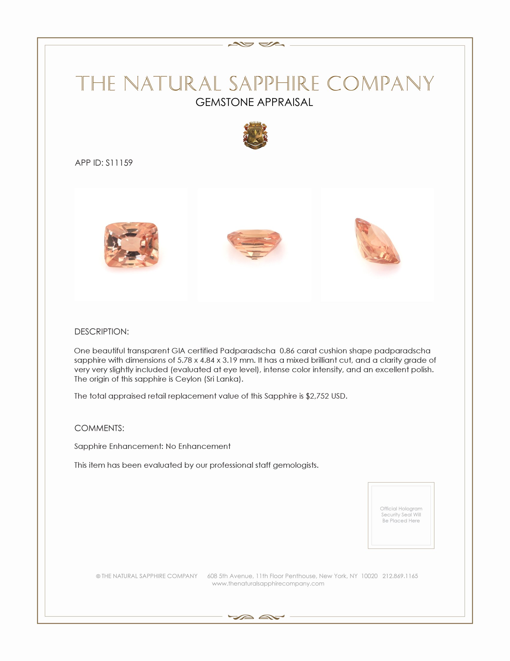 0.86 Ct. Padparadscha Sapphire from Ceylon (Sri Lanka)