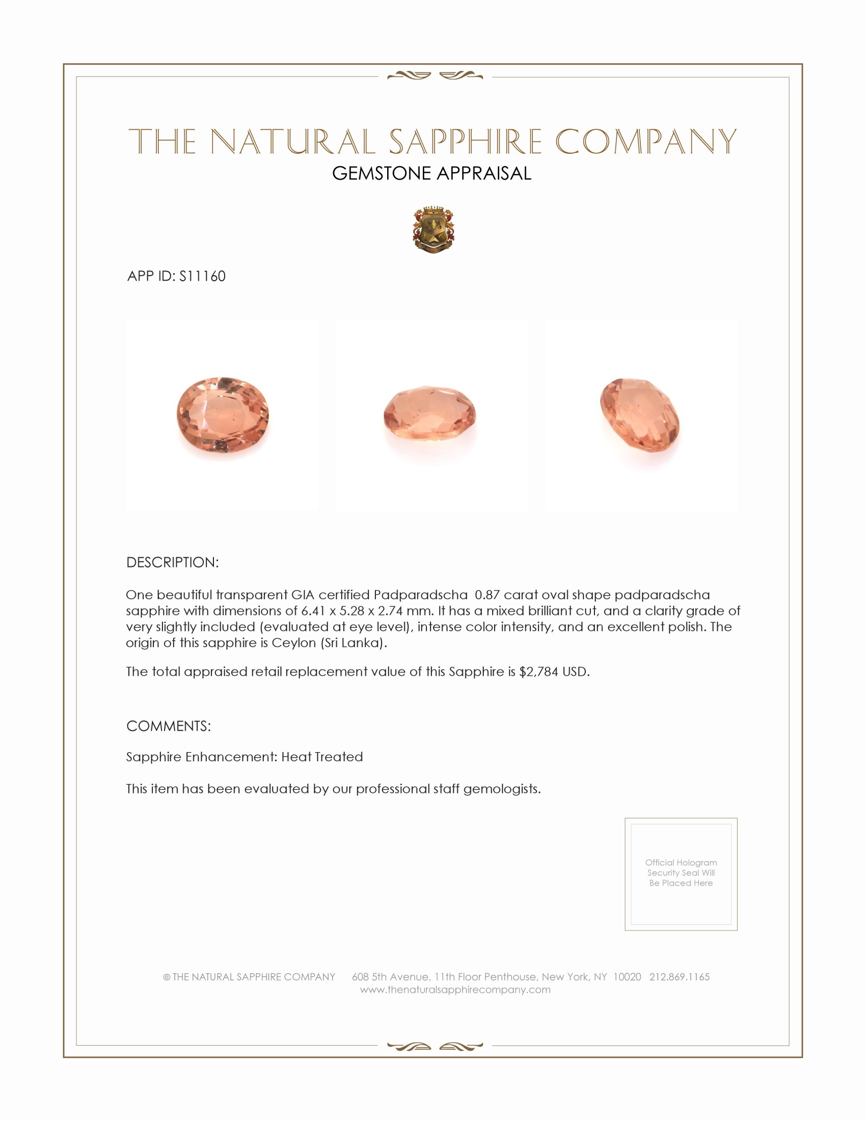 0.87 Ct. Padparadscha Sapphire from Ceylon (Sri Lanka)