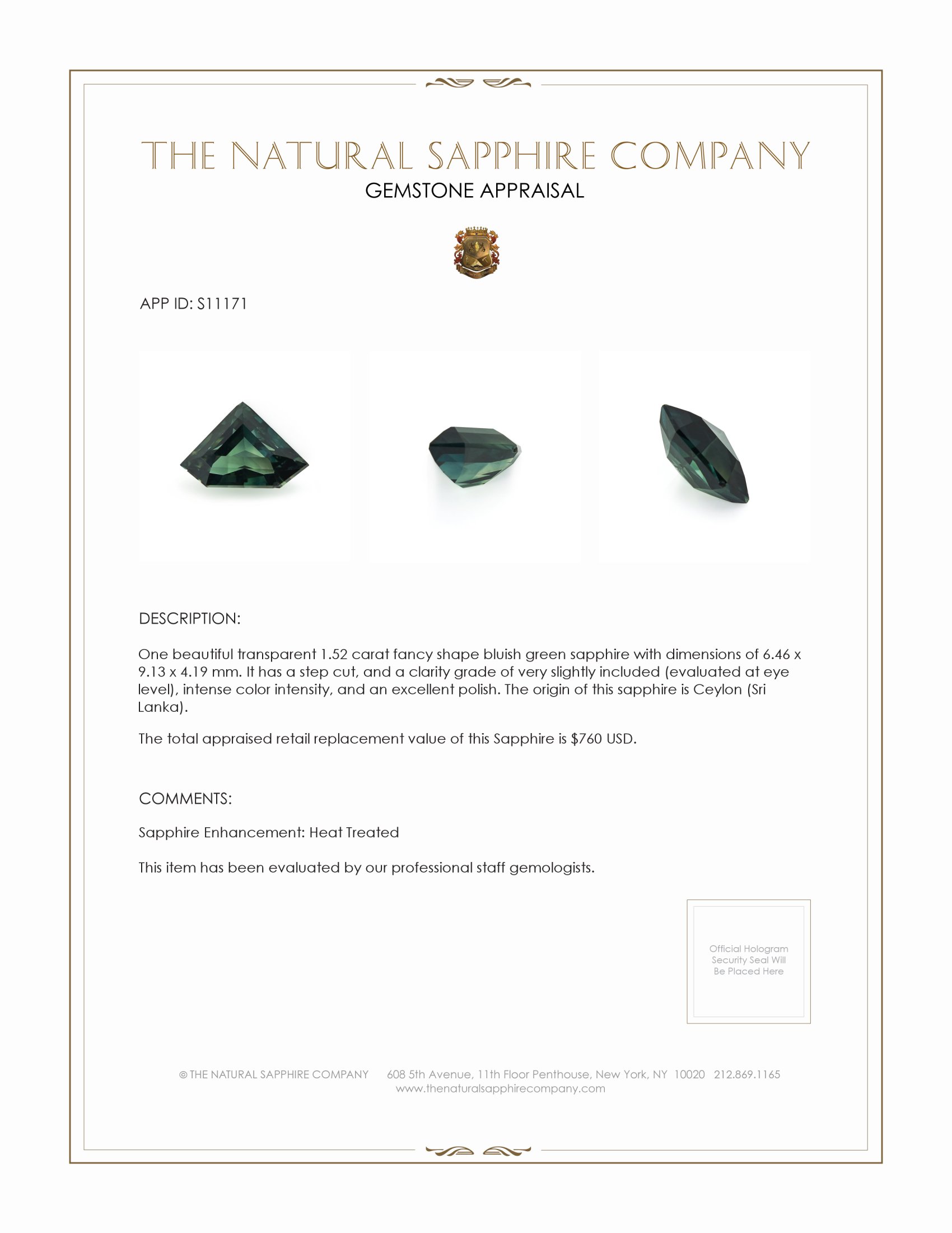 1.52 Ct. Bluish Green Sapphire from Ceylon (Sri Lanka)