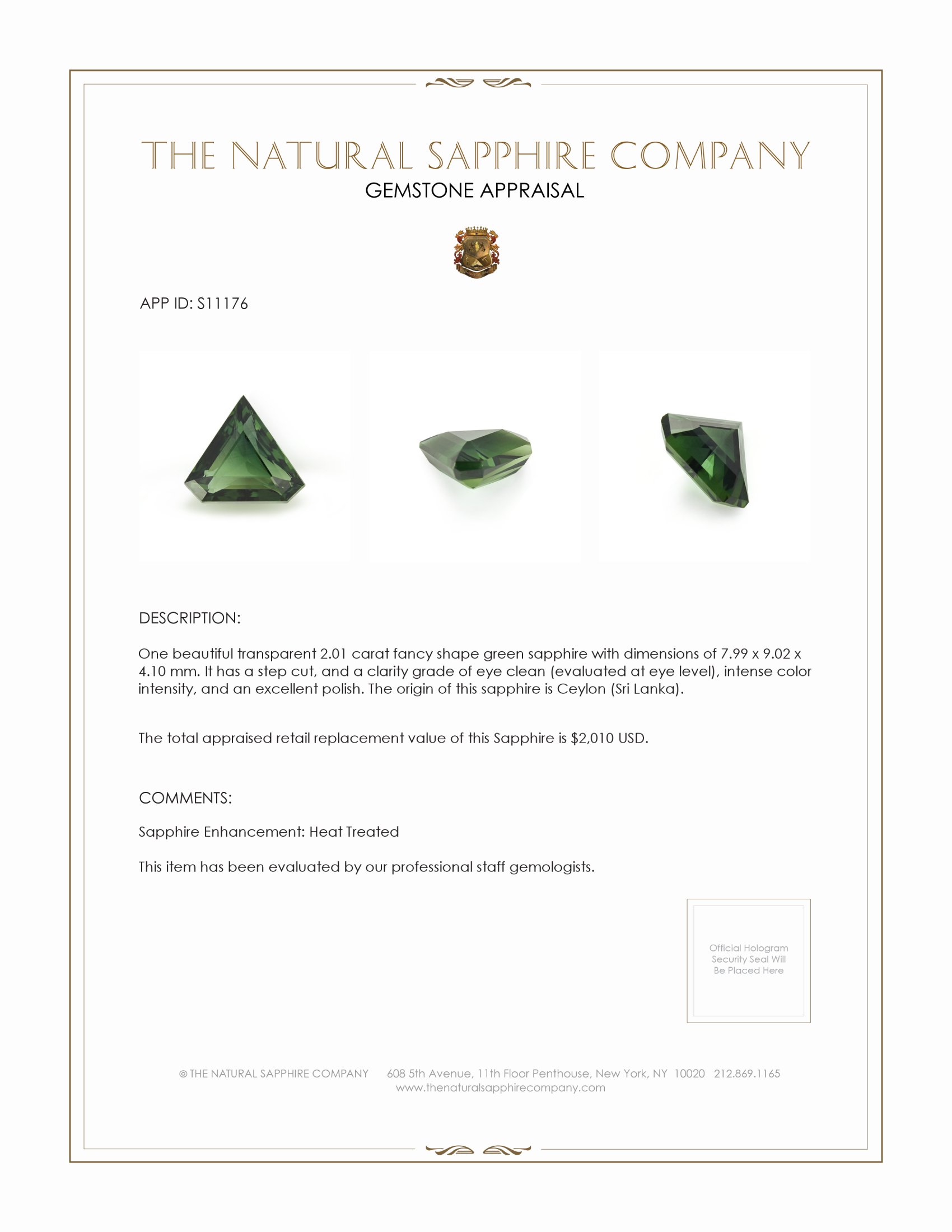 2.01 Ct. Green Sapphire from Ceylon (Sri Lanka)