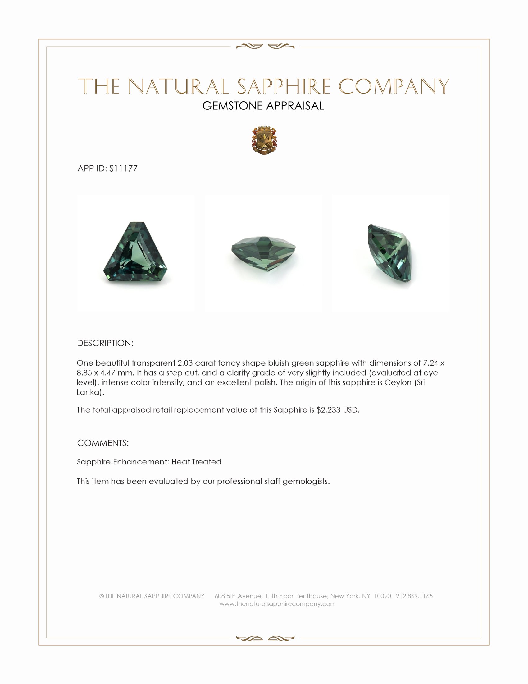 2.03 Ct. Bluish Green Sapphire from Ceylon (Sri Lanka)