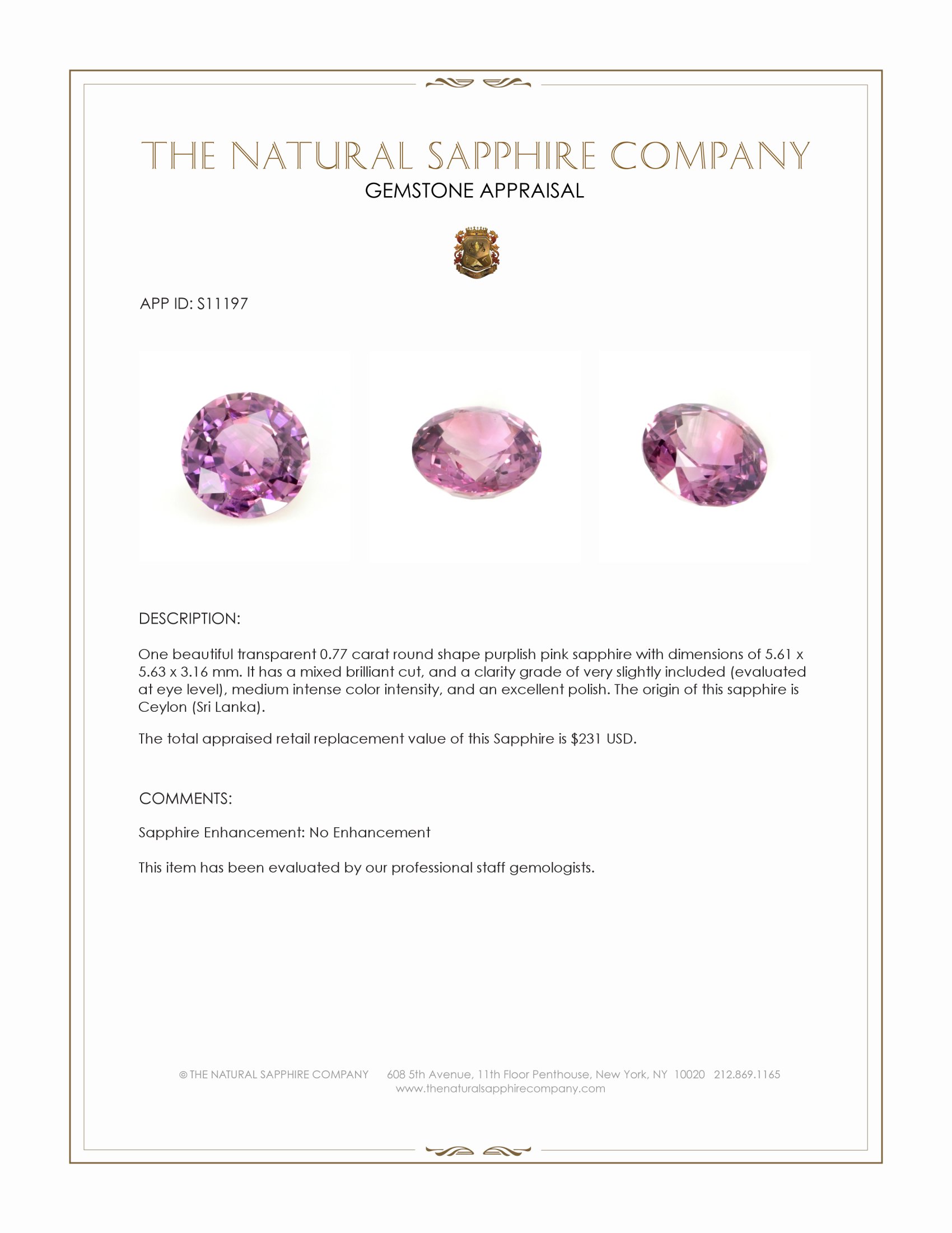 0.77 Ct. Purplish Pink Sapphire from Ceylon (Sri Lanka)