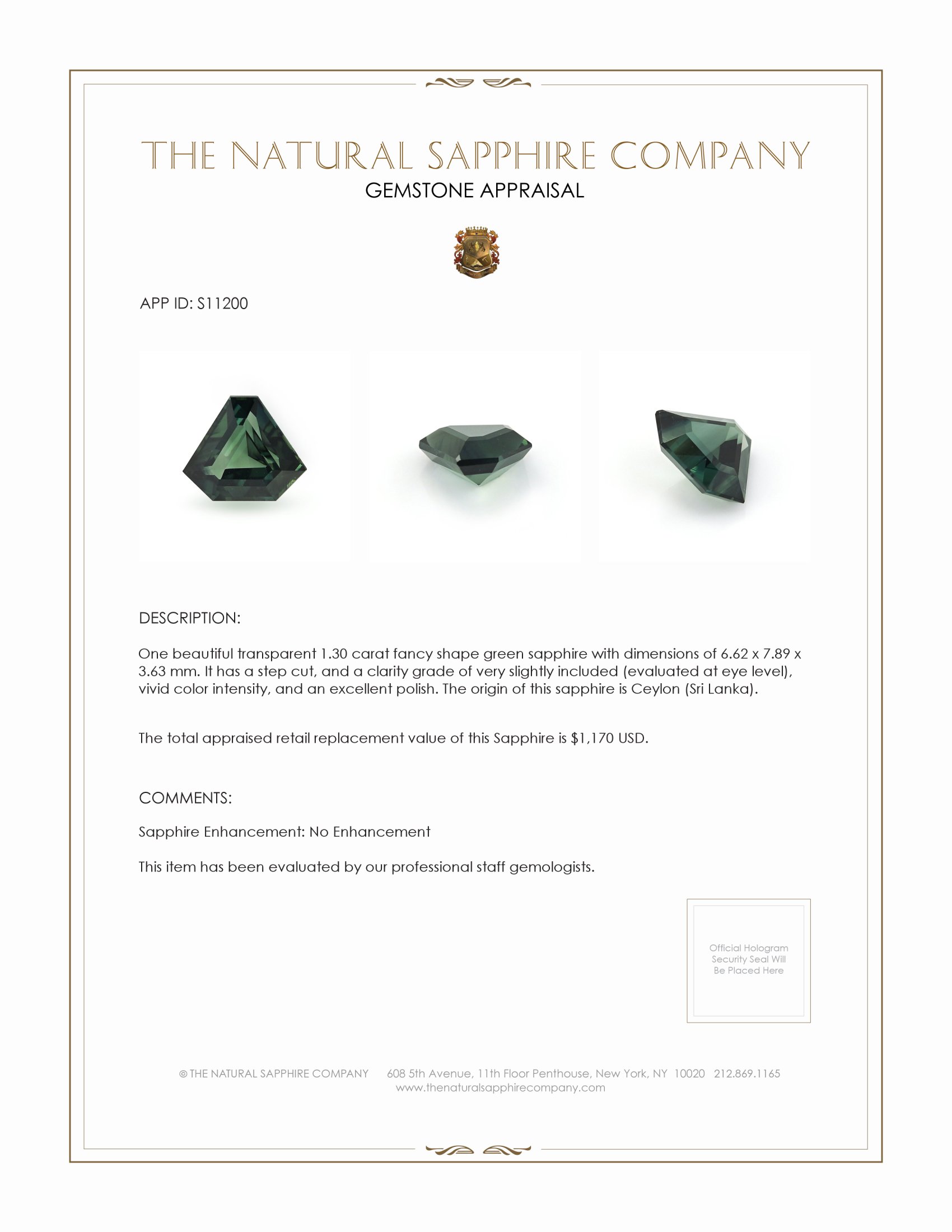 1.30 Ct. Green Sapphire from Ceylon (Sri Lanka)