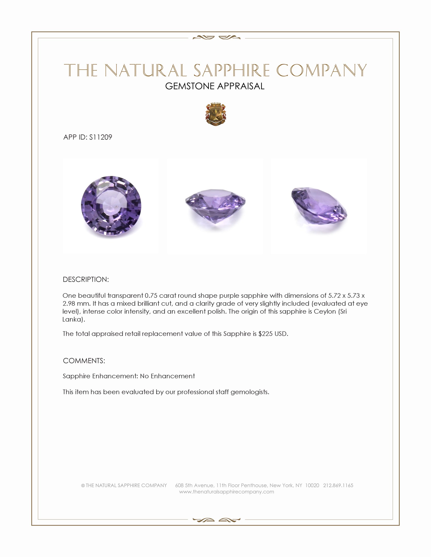 0.75 Ct. Purple Sapphire from Ceylon (Sri Lanka)