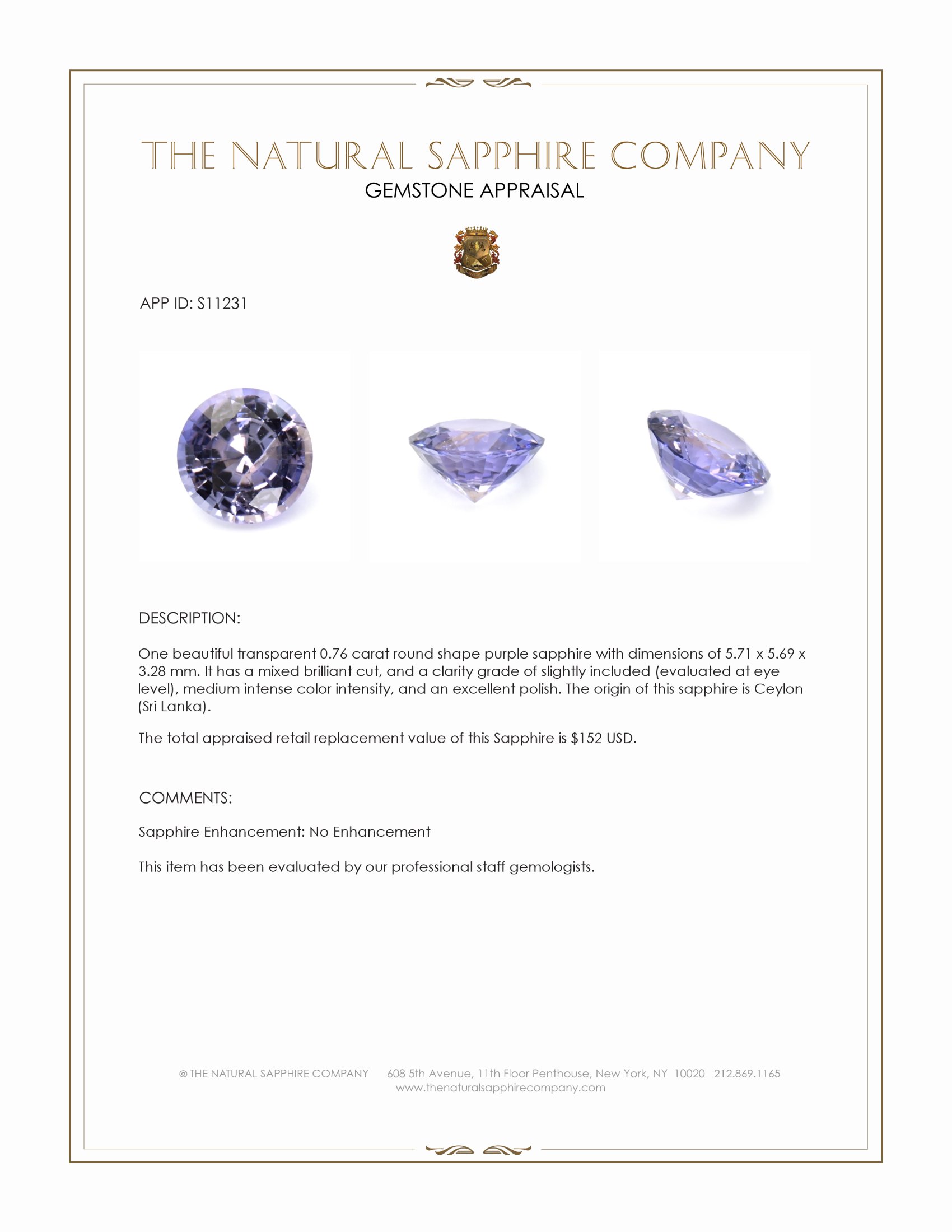 0.76 Ct. Purple Sapphire from Ceylon (Sri Lanka)