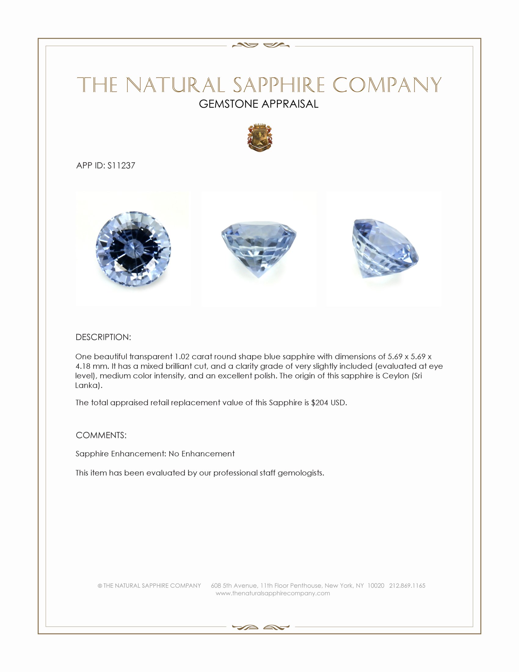 1.02 Ct. Blue Sapphire from Ceylon (Sri Lanka)