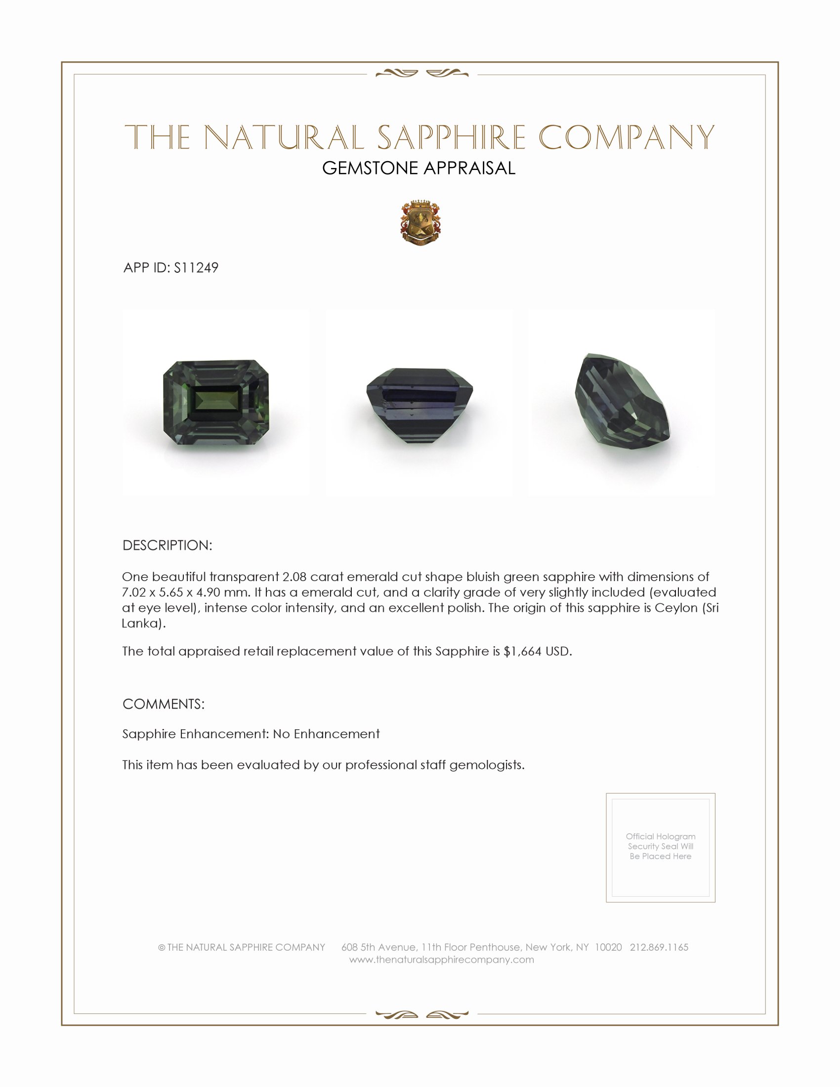 2.08 Ct. Green Sapphire from Ceylon (Sri Lanka)