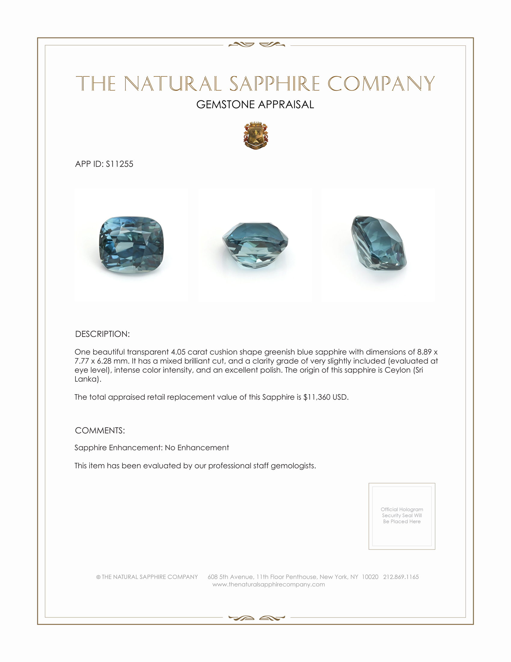4.05 Ct. Greenish Blue Sapphire from Ceylon (Sri Lanka)