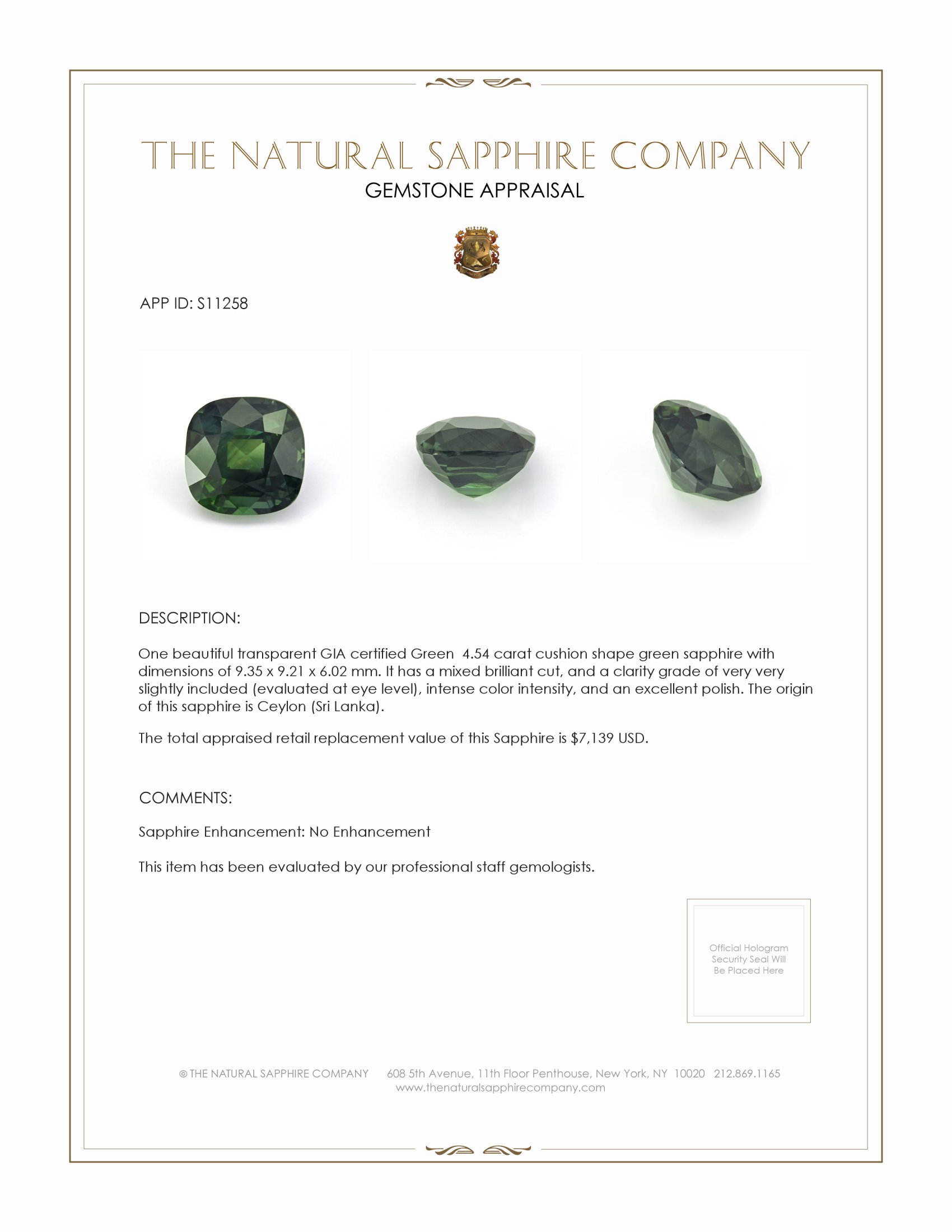 4.54 Ct. Green Sapphire from Ceylon (Sri Lanka)