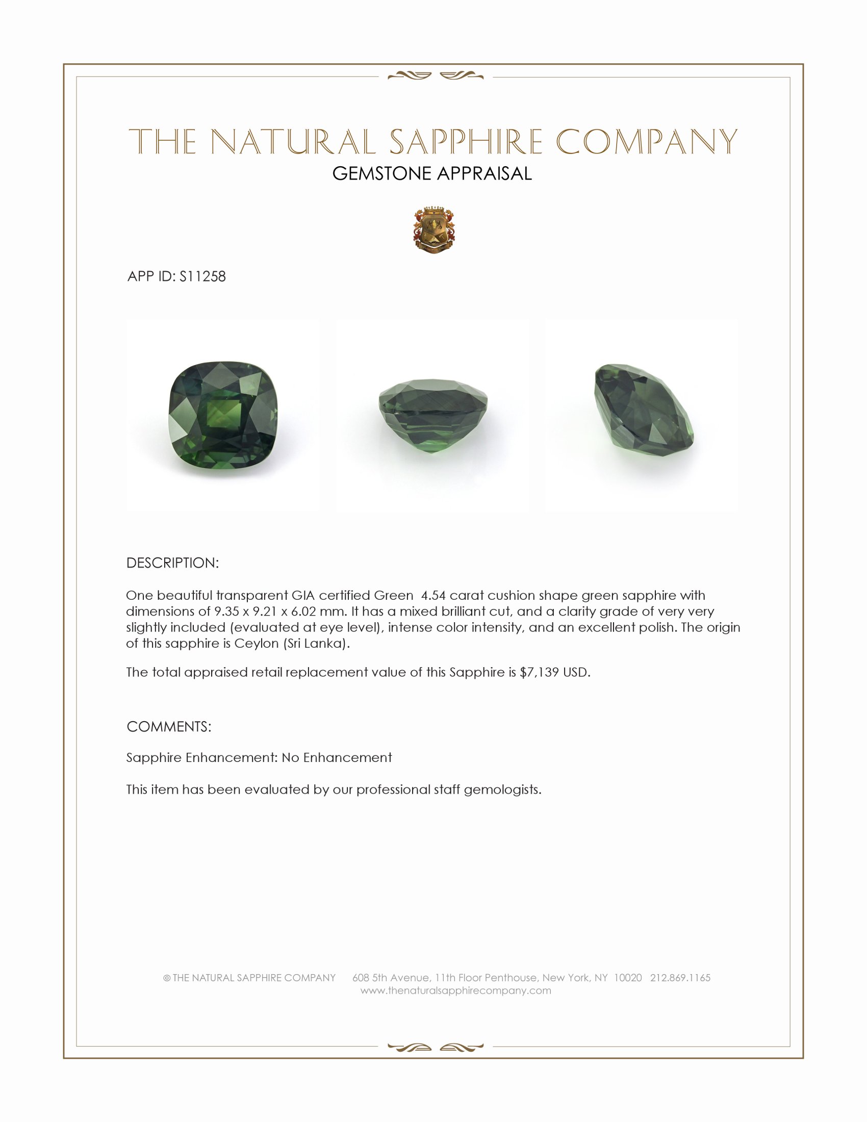 4.54 Ct. Green Sapphire from Ceylon (Sri Lanka)