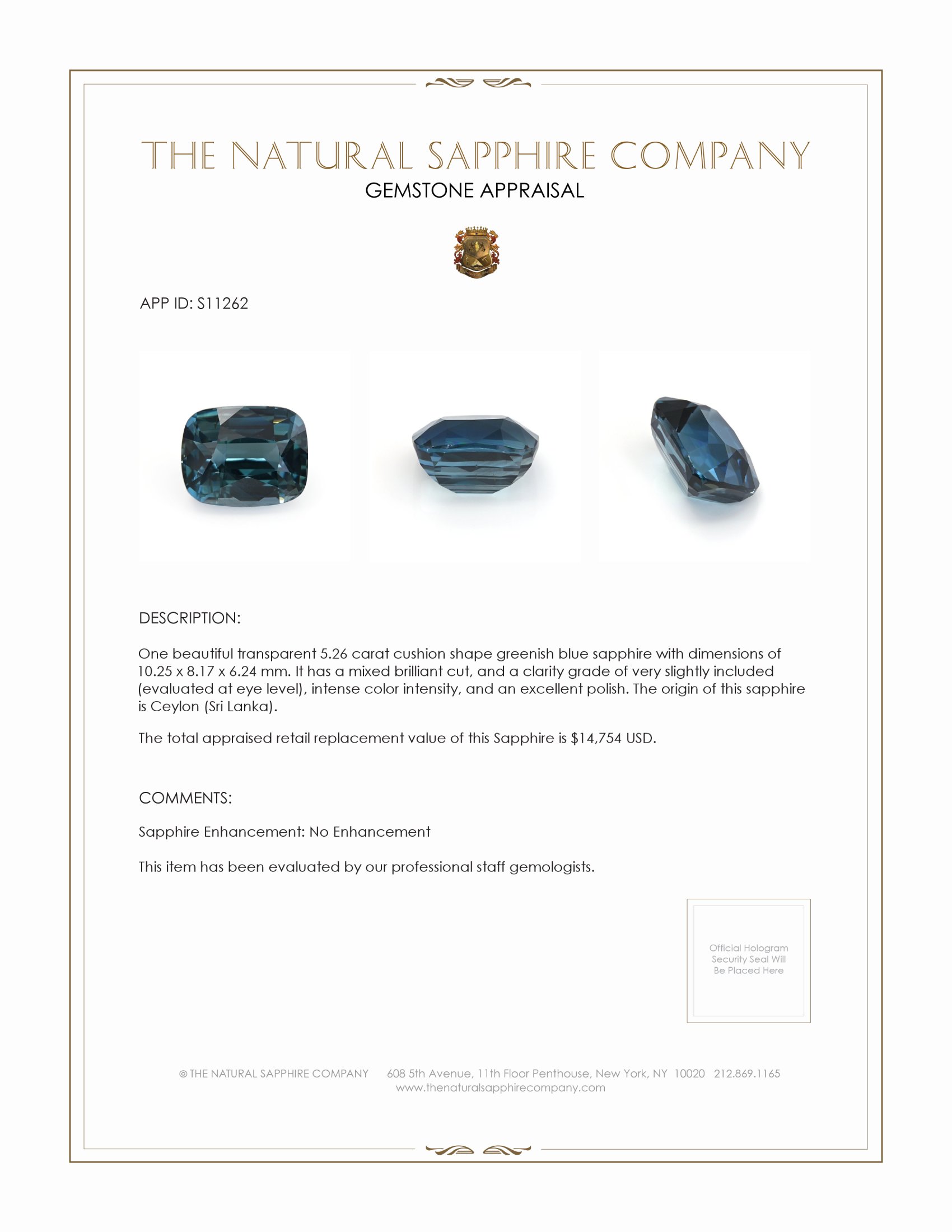 5.26 Ct. Greenish Blue Sapphire from Ceylon (Sri Lanka)