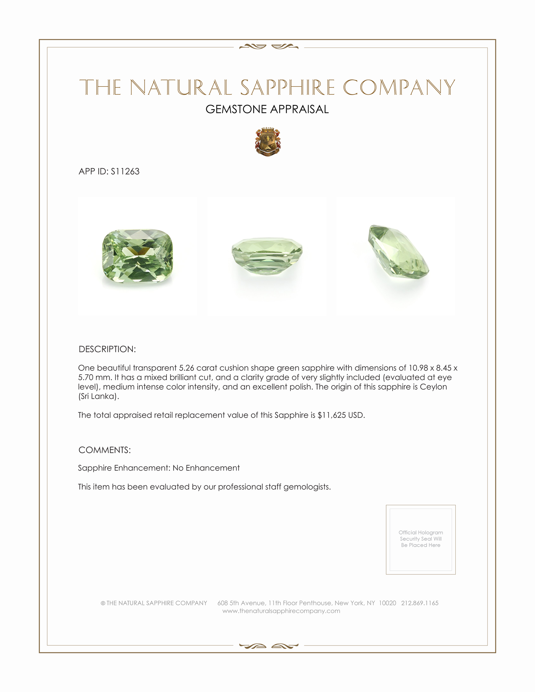 5.26 Ct. Green Sapphire from Ceylon (Sri Lanka)