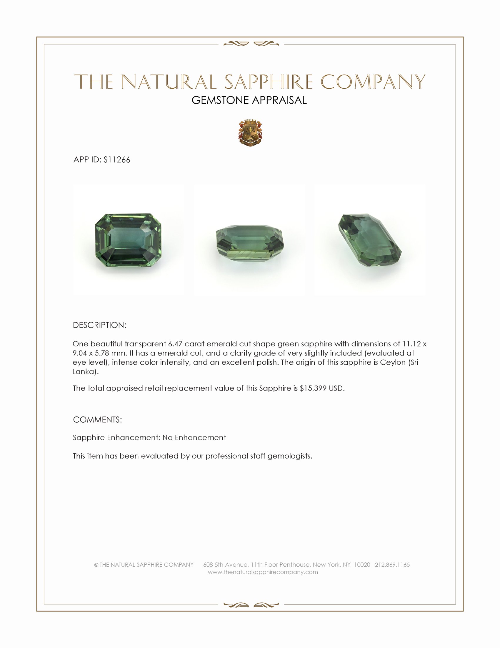 6.47 Ct. Green Sapphire from Ceylon (Sri Lanka)