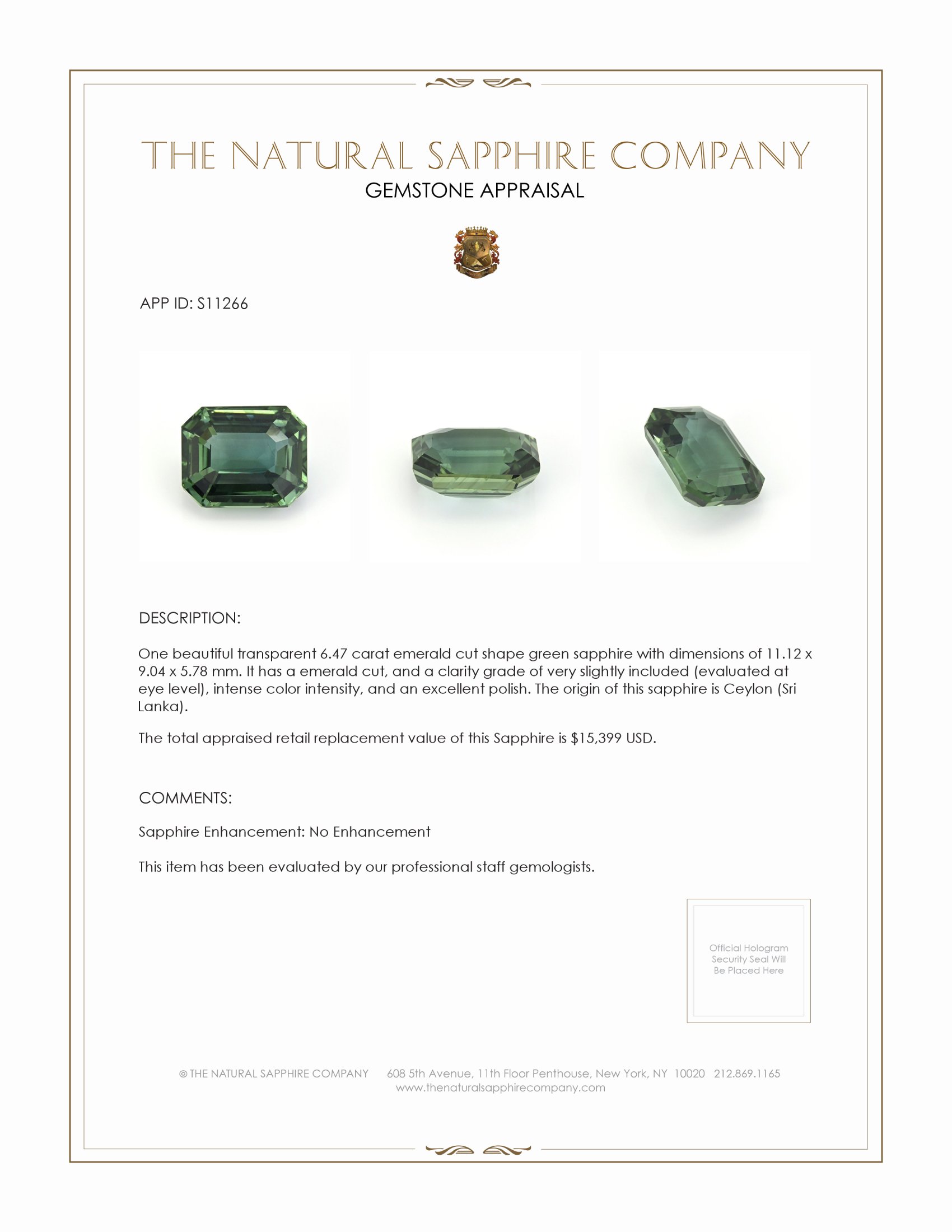 6.47 Ct. Green Sapphire from Ceylon (Sri Lanka)